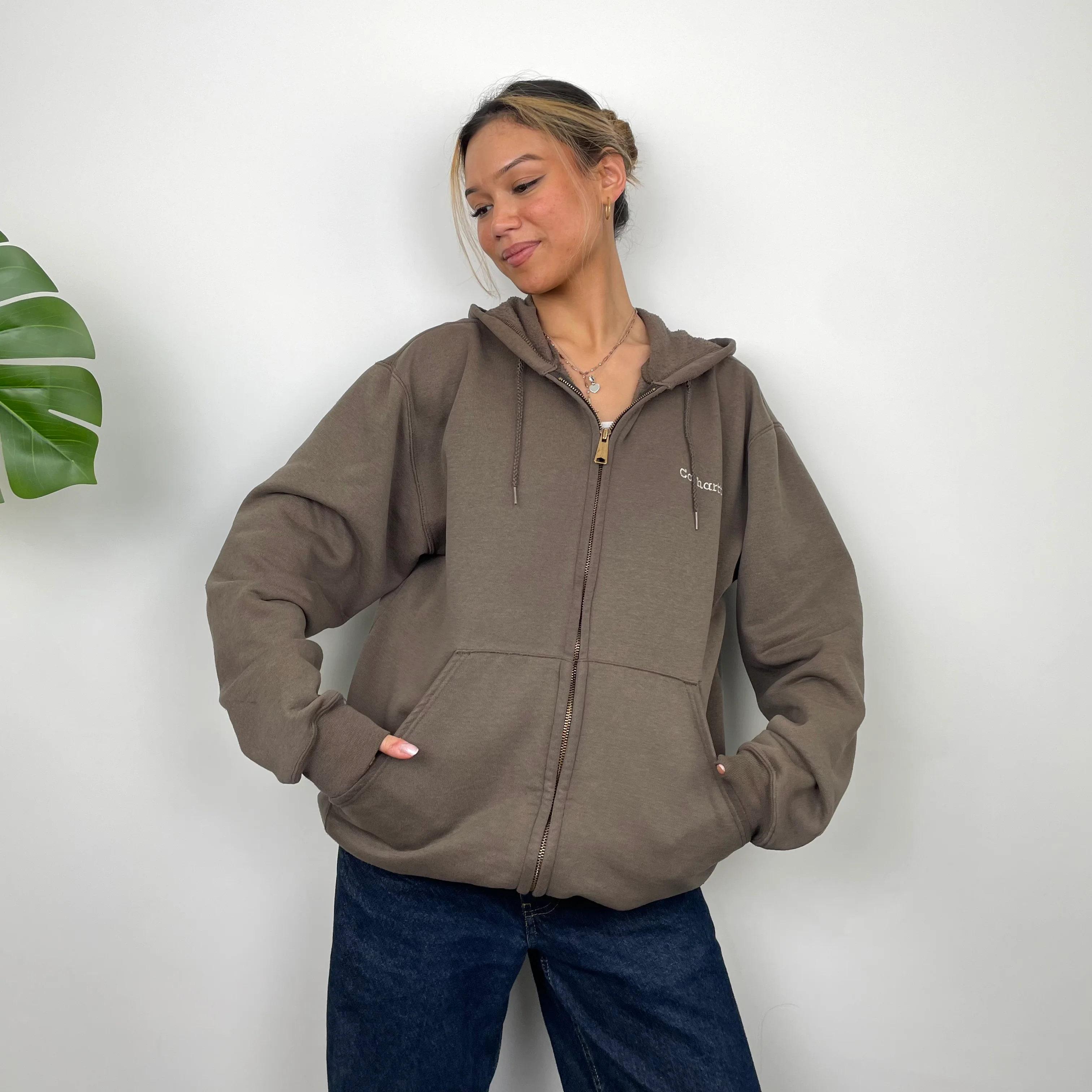Carhartt RARE Brown Embroidered Logo Zip Up Hoodie Jacket (L) - Image 4