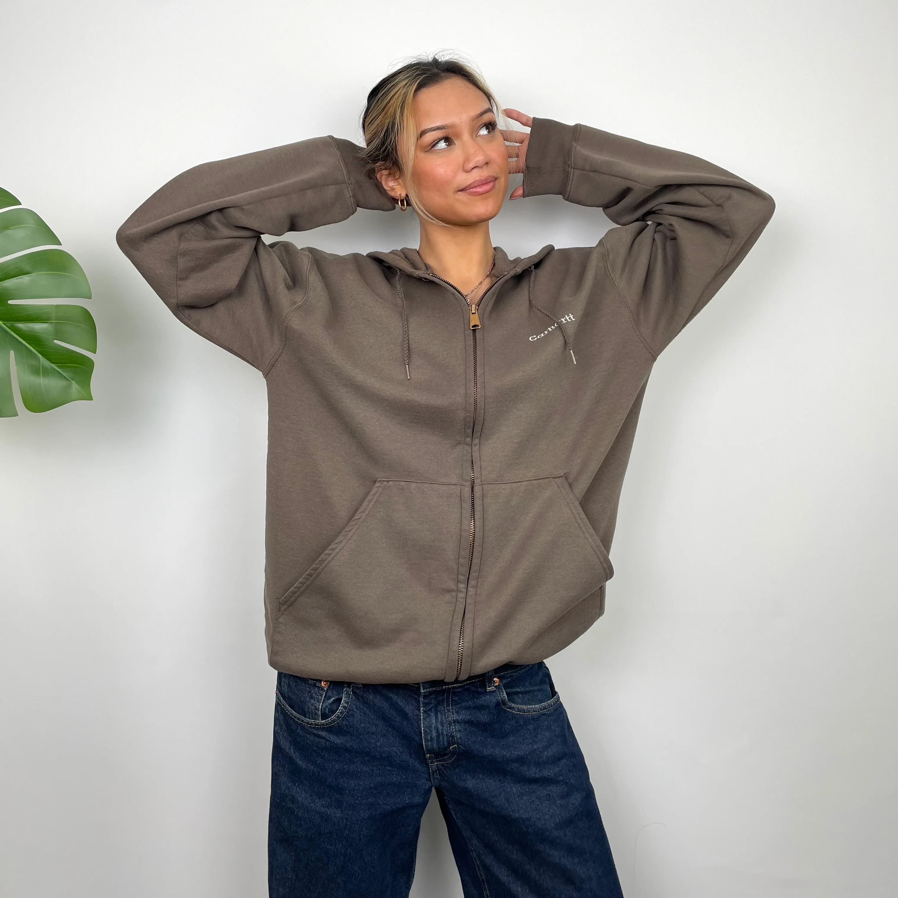 Carhartt RARE Brown Embroidered Logo Zip Up Hoodie Jacket (L) - Image 5