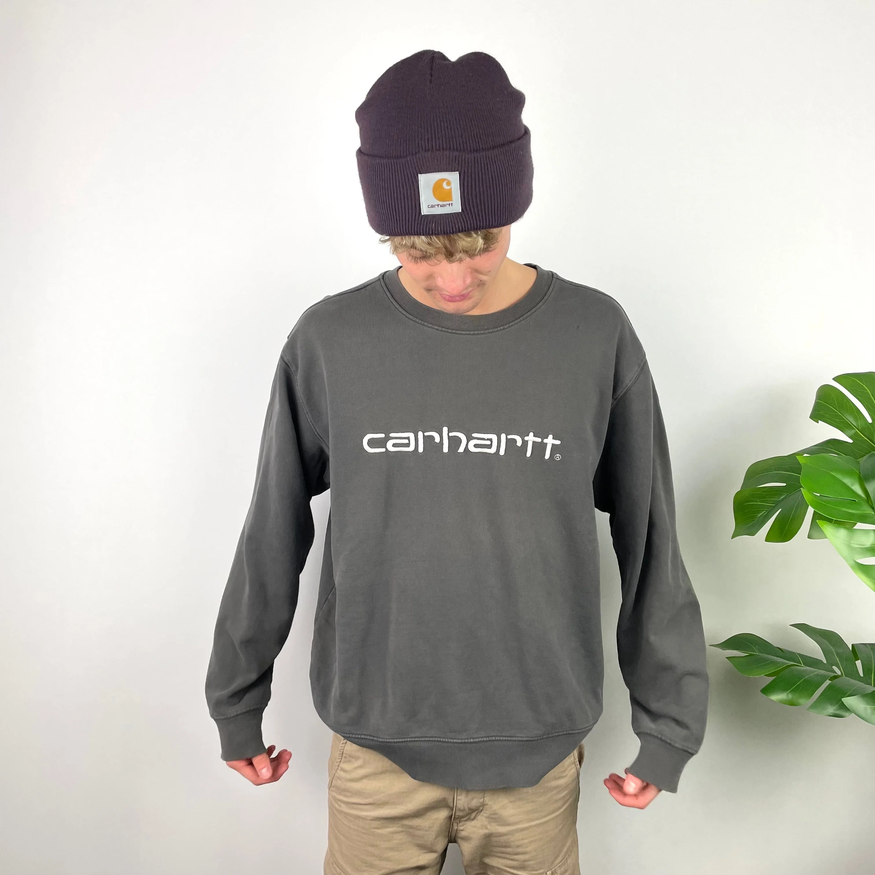 Carhartt RARE Grey Embroidered Spell Out Sweatshirt (L) - Image 2