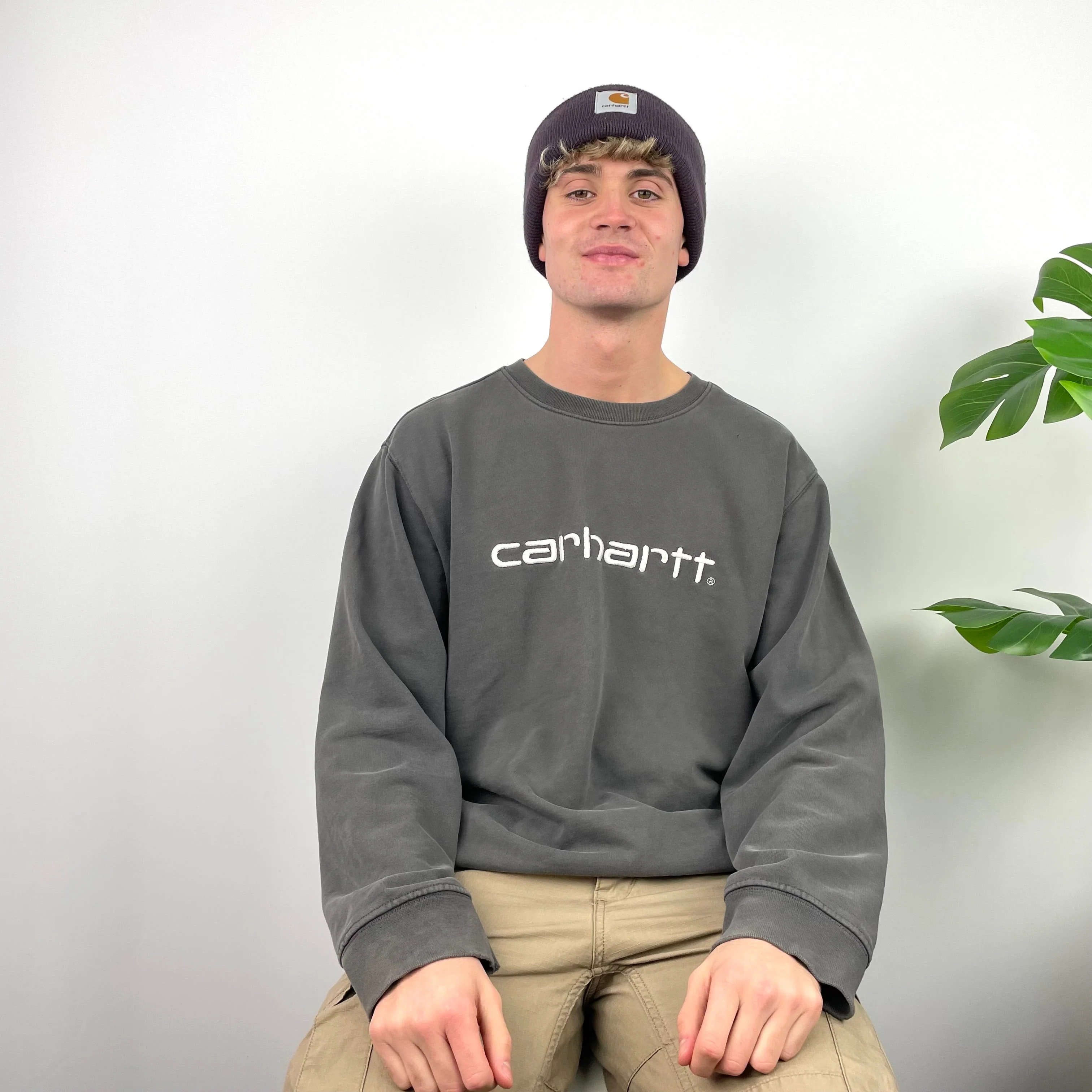 Carhartt RARE Grey Embroidered Spell Out Sweatshirt (L) - Image 3