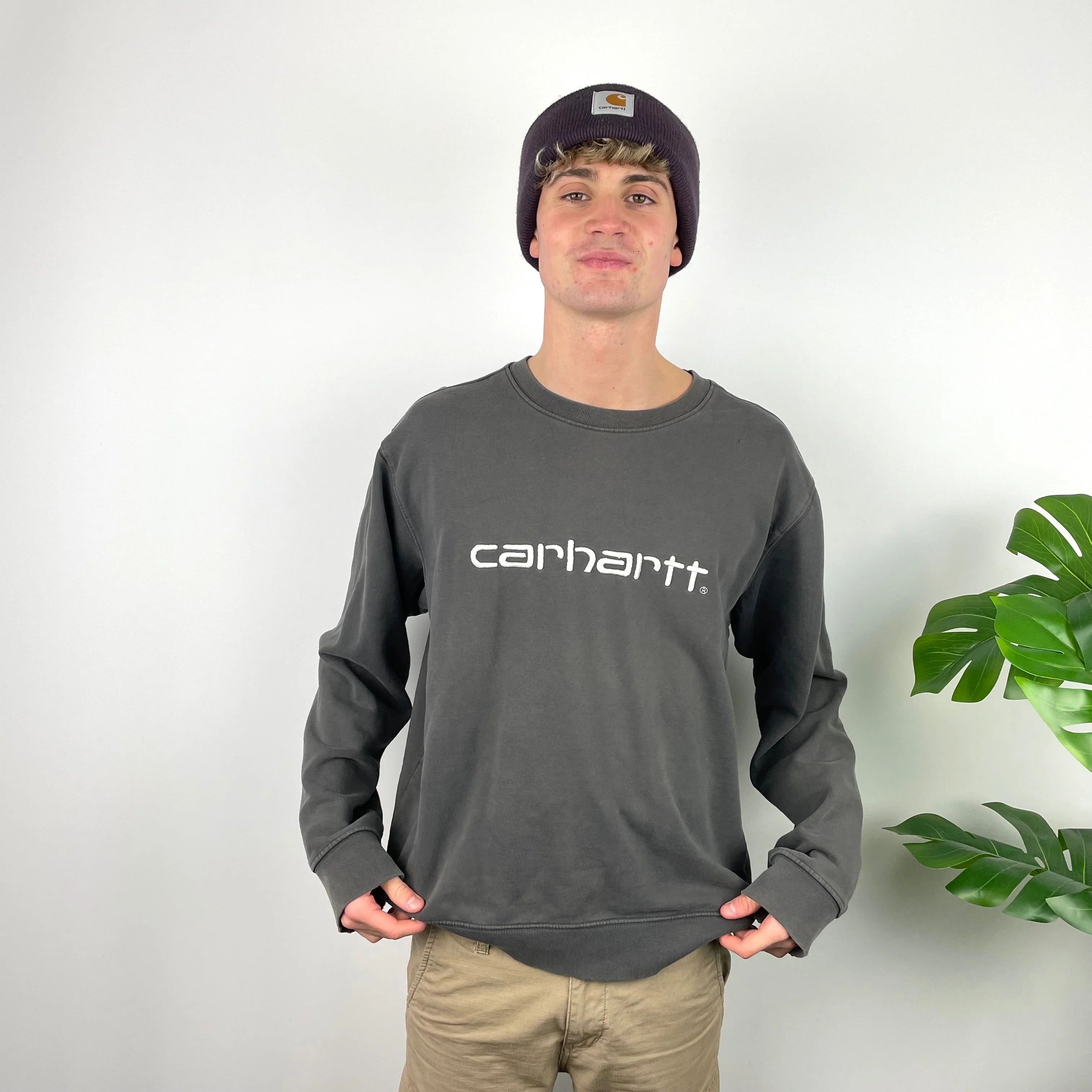 Carhartt RARE Grey Embroidered Spell Out Sweatshirt (L) - Image 4