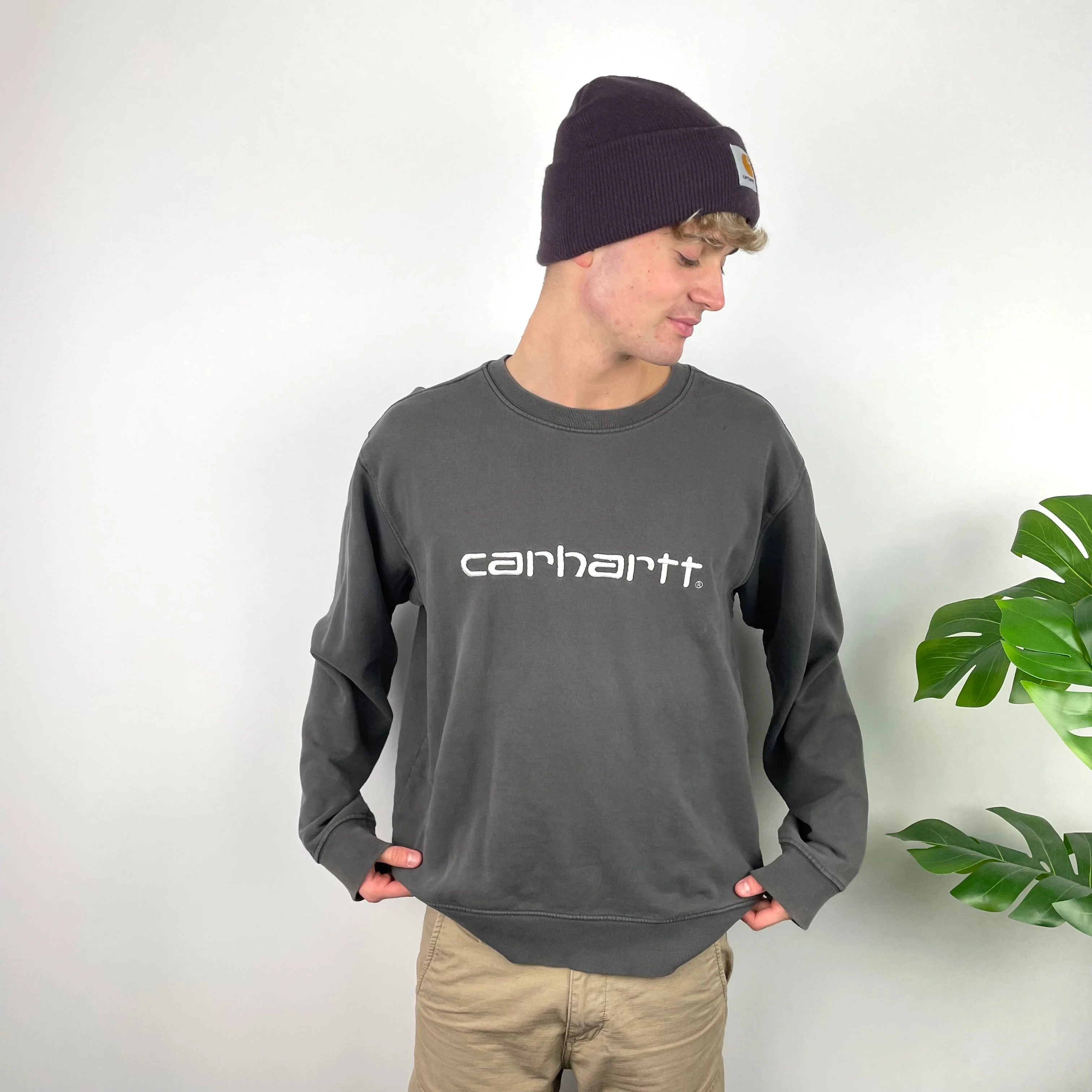 Carhartt RARE Grey Embroidered Spell Out Sweatshirt (L) - Image 7