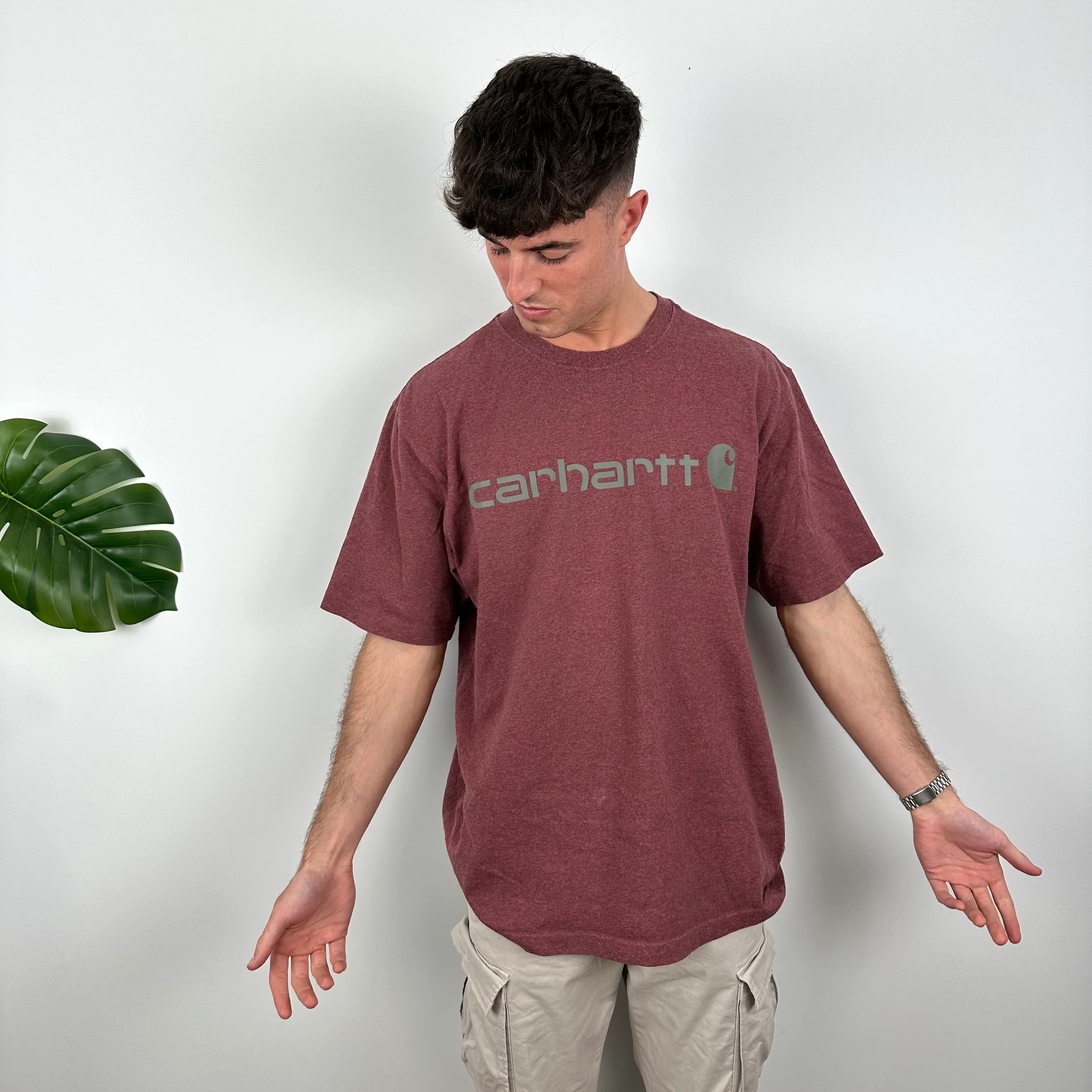 Carhartt RARE Maroon Spell Out T Shirt (L) - Image 4