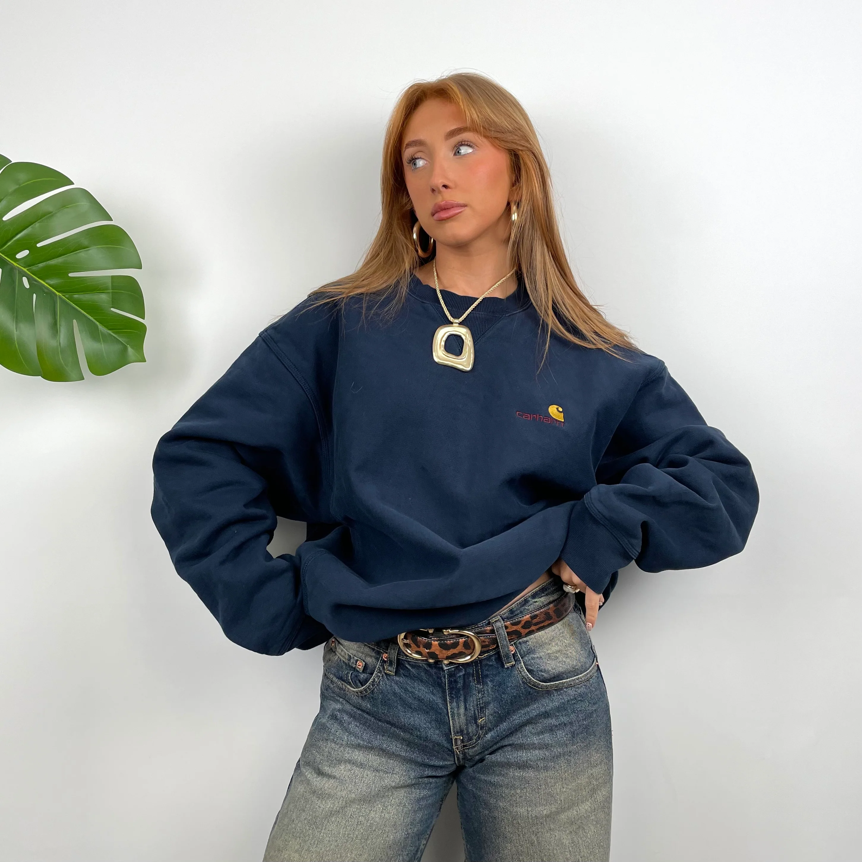 Carhartt RARE Navy Embroidered Spell Out Sweatshirt (XL)