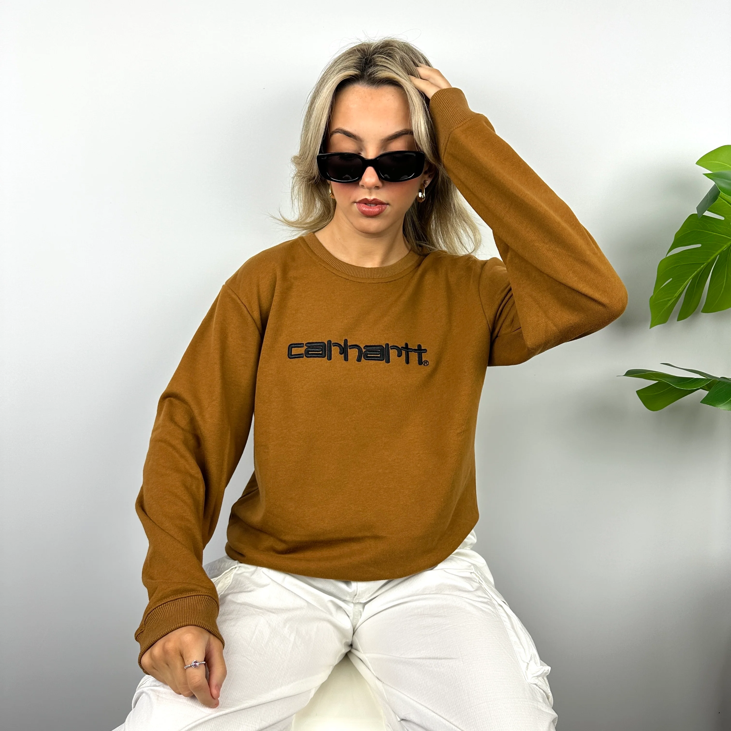 Carhartt Tan Brown Embroidered Spell Out Sweatshirt (M) - Image 3