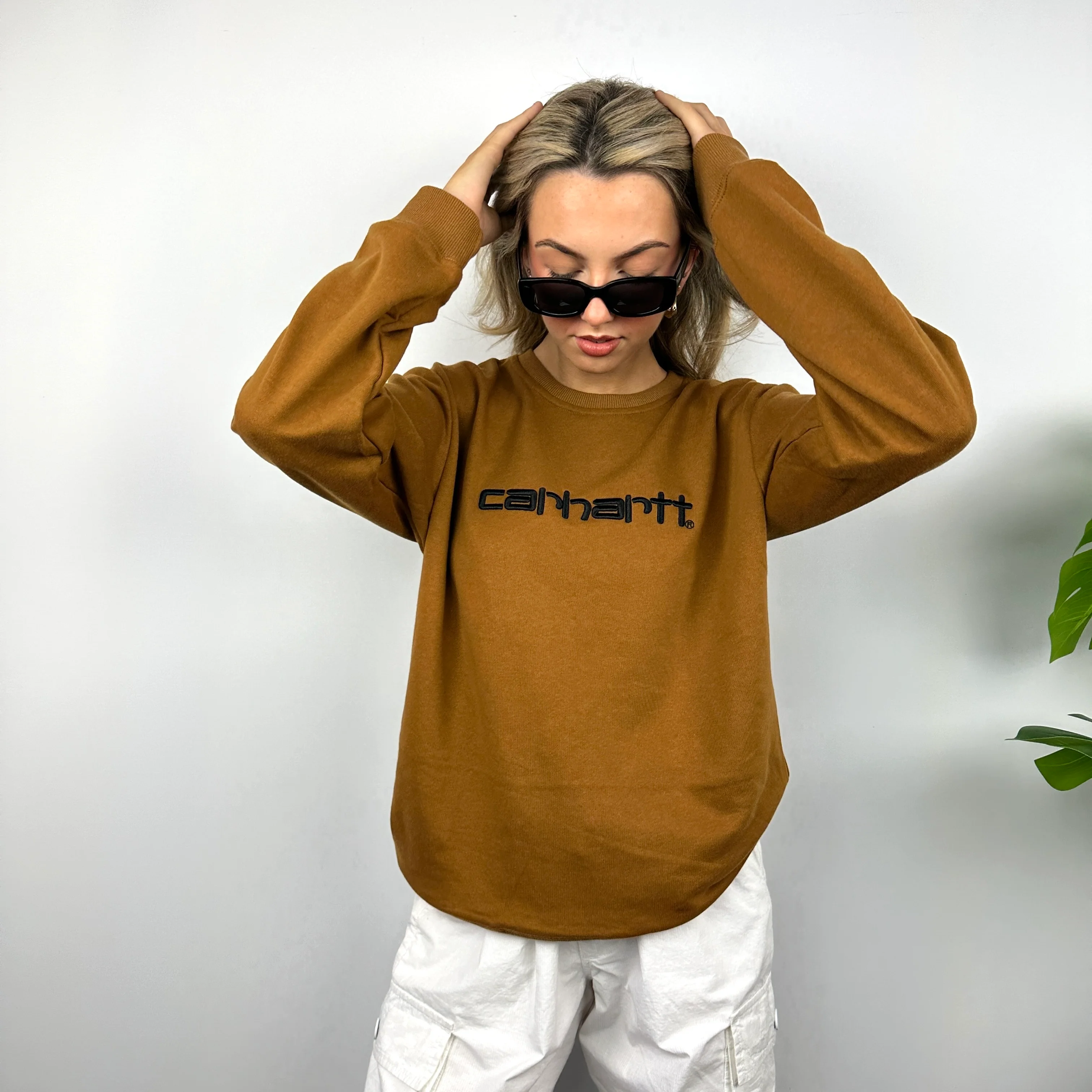 Carhartt Tan Brown Embroidered Spell Out Sweatshirt (M) - Image 7
