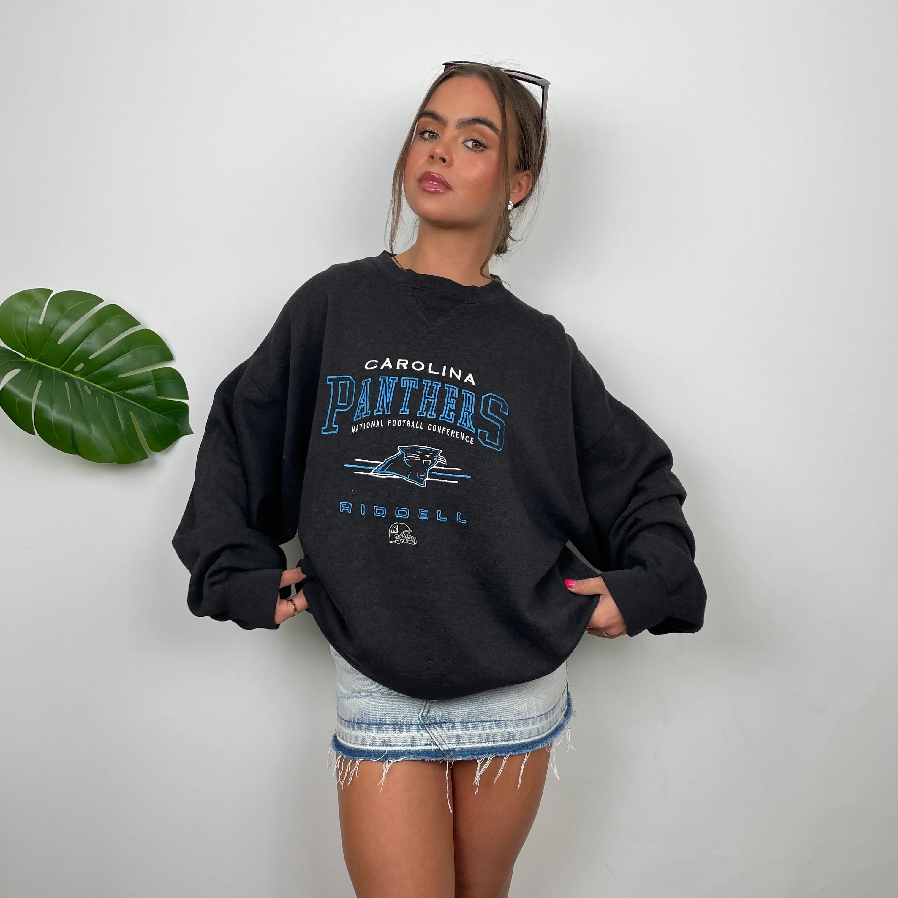 Carolina Panthers Black Embroidered Spell Out Sweatshirt (L) - Image 2