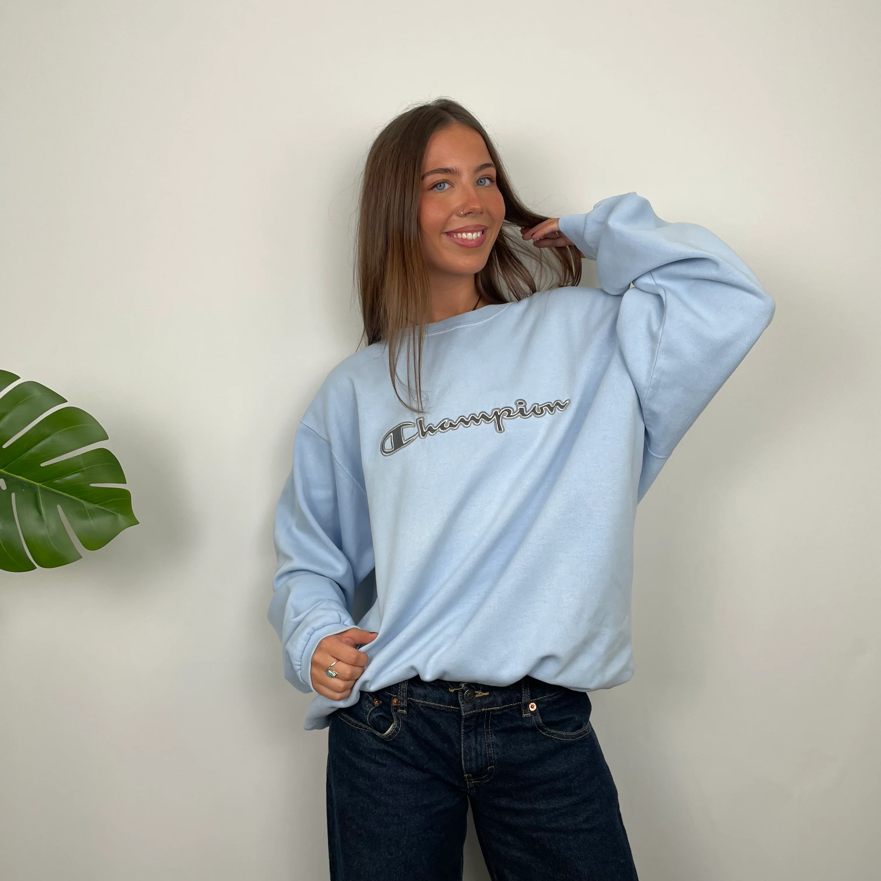 Champion Baby Blue Embroidered Spell Out Sweatshirt (M) - Image 3