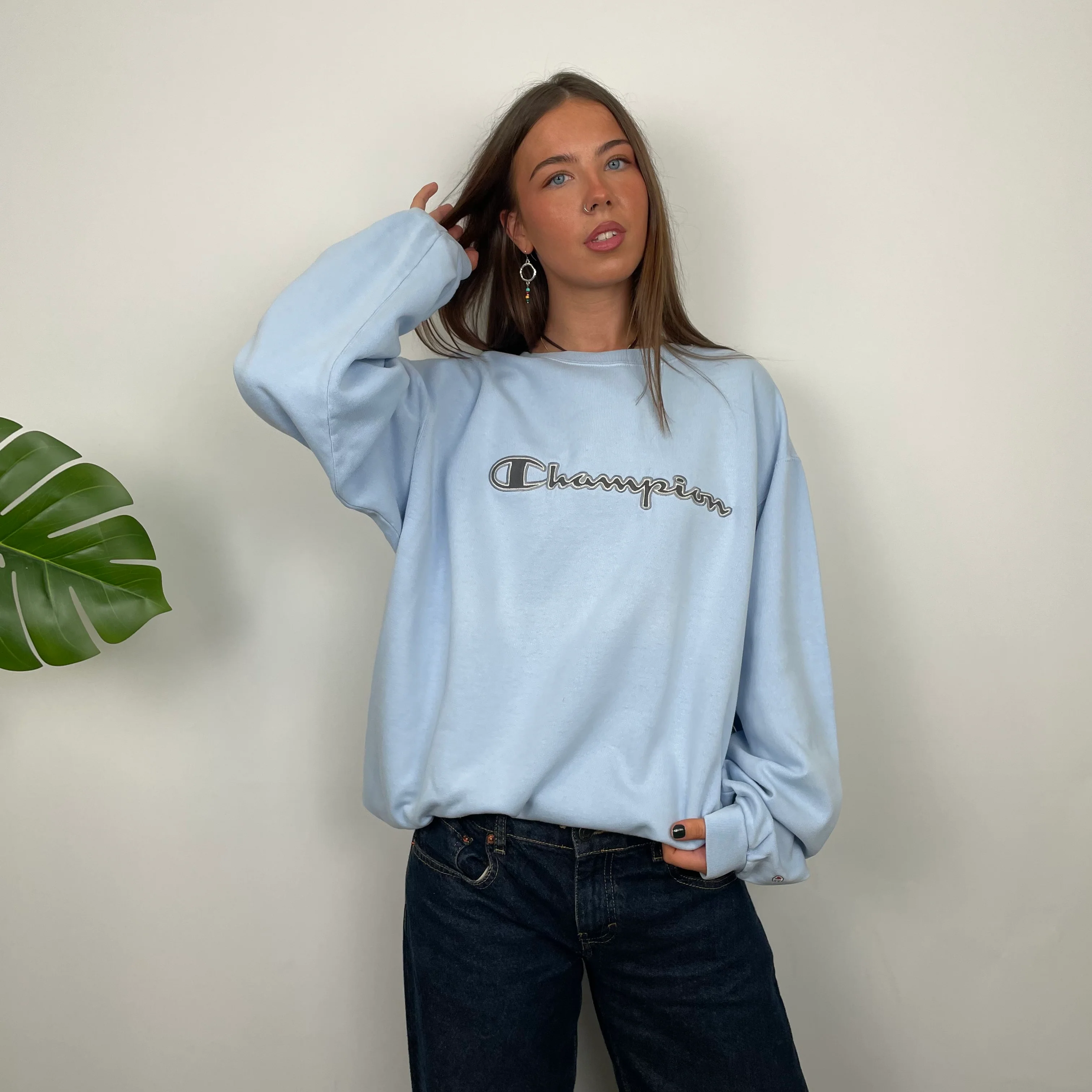 Champion Baby Blue Embroidered Spell Out Sweatshirt (M) - Image 4