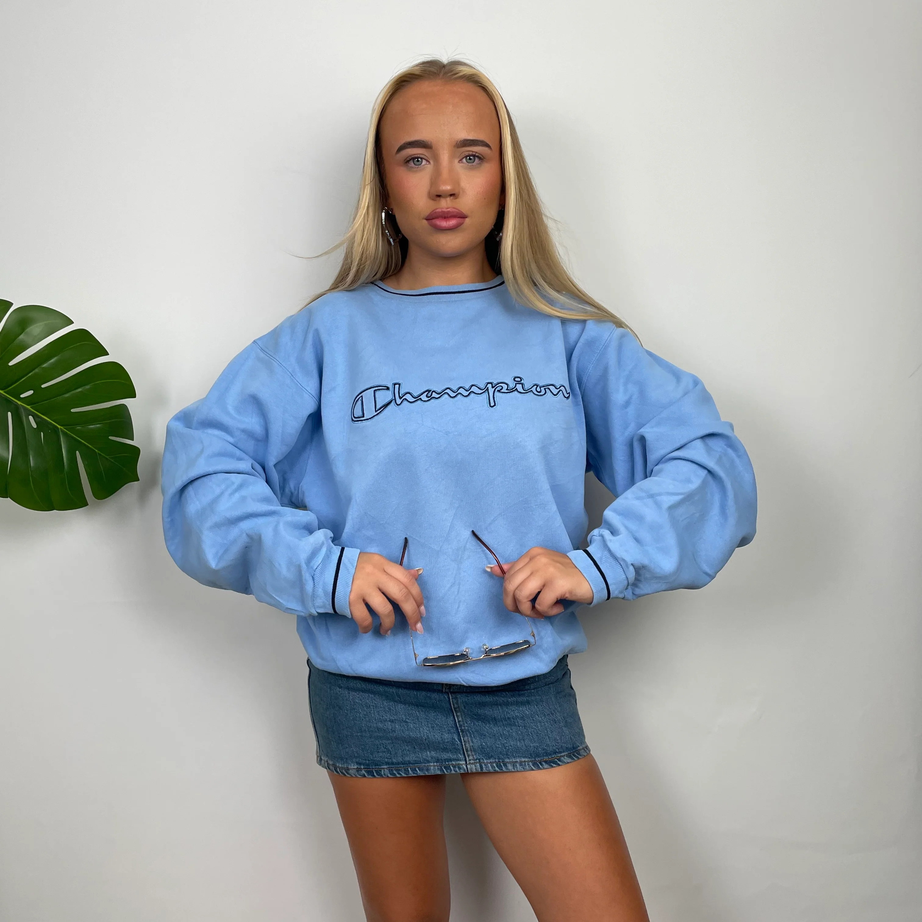 Champion Baby Blue Embroidered Spell Out Sweatshirt (M) - Image 2