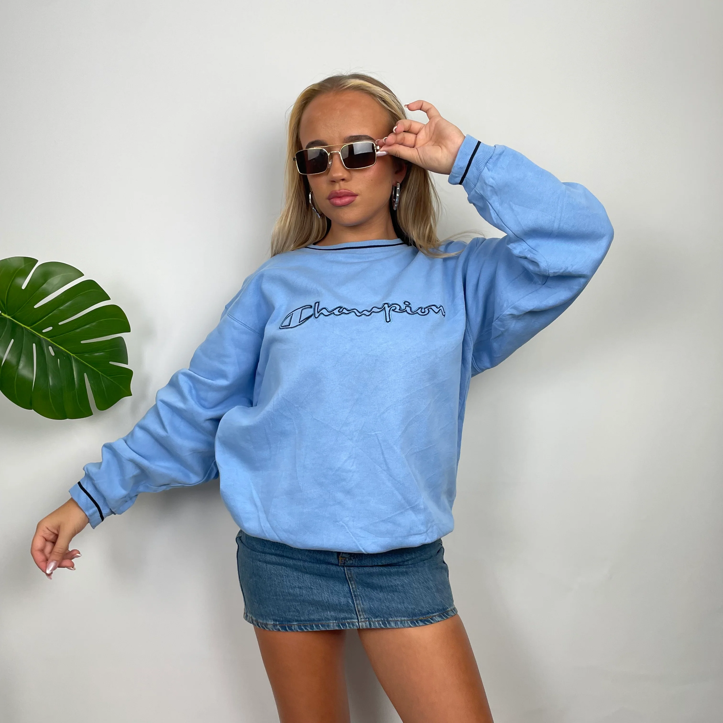 Champion Baby Blue Embroidered Spell Out Sweatshirt (M) - Image 4