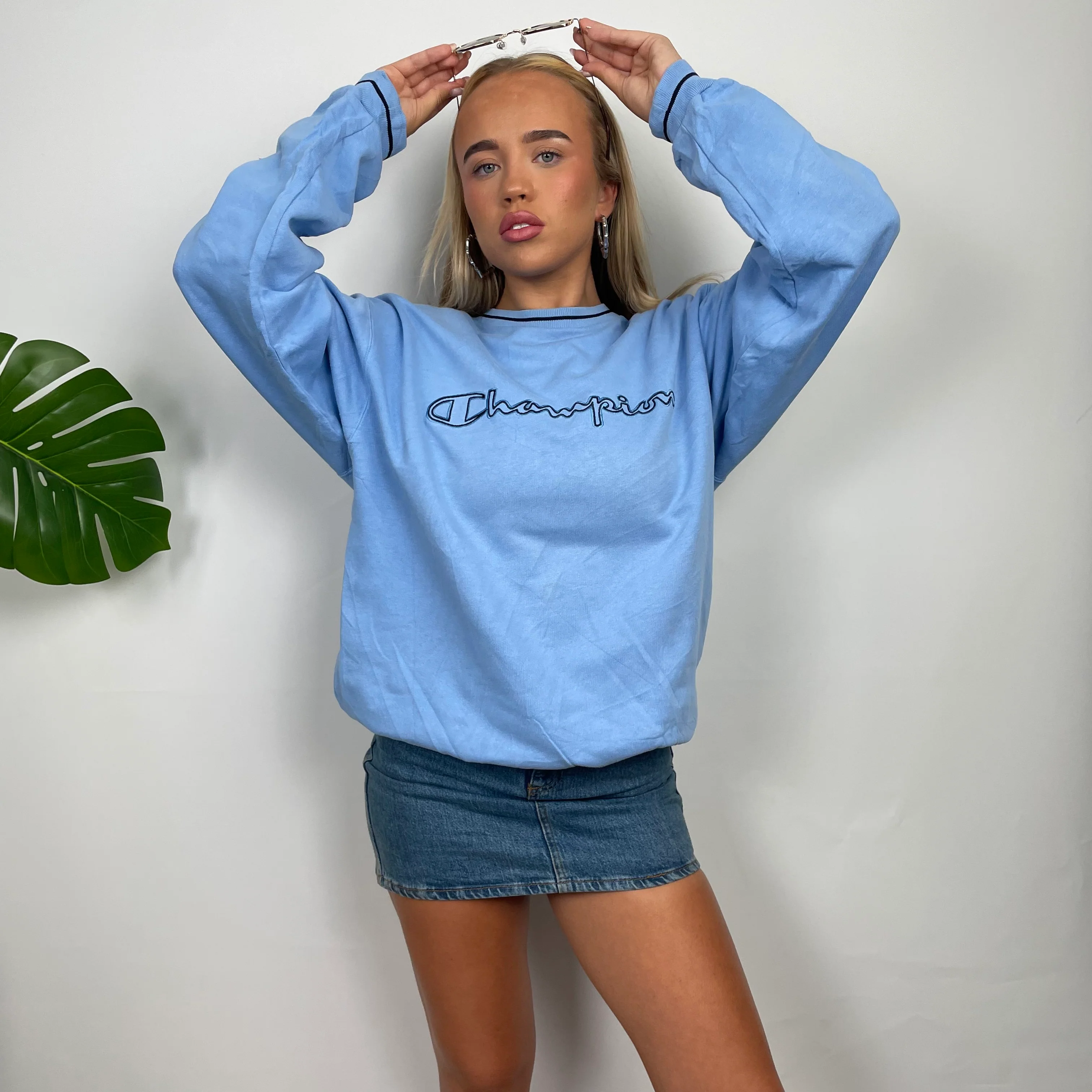 Champion Baby Blue Embroidered Spell Out Sweatshirt (M) - Image 5