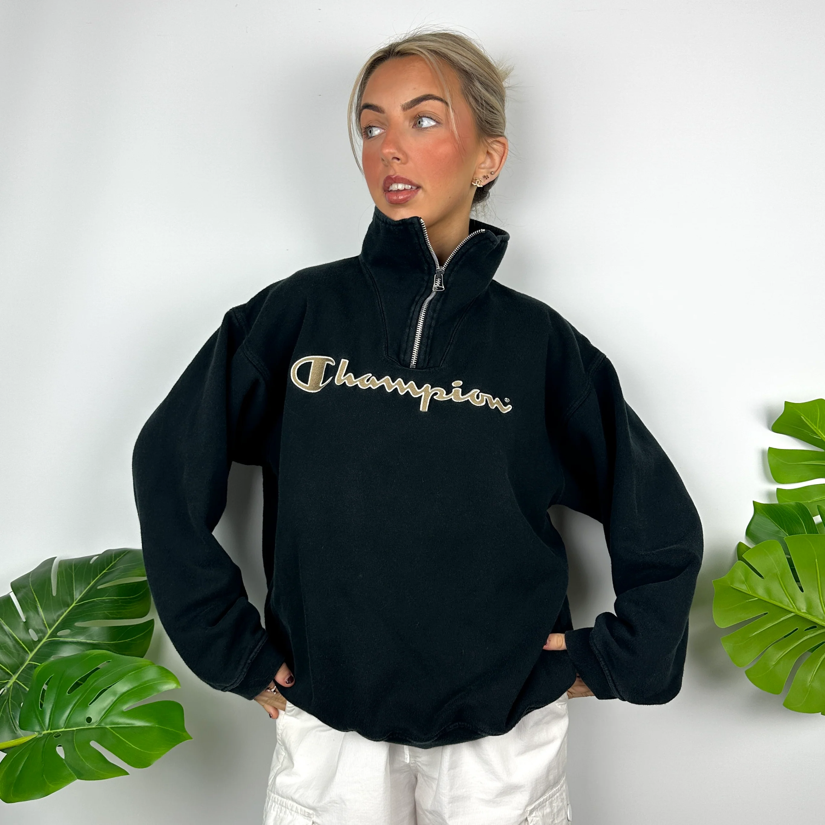 Champion Black Embroidered Spell Out Quarter Zip Sweatshirt (L) - Image 3
