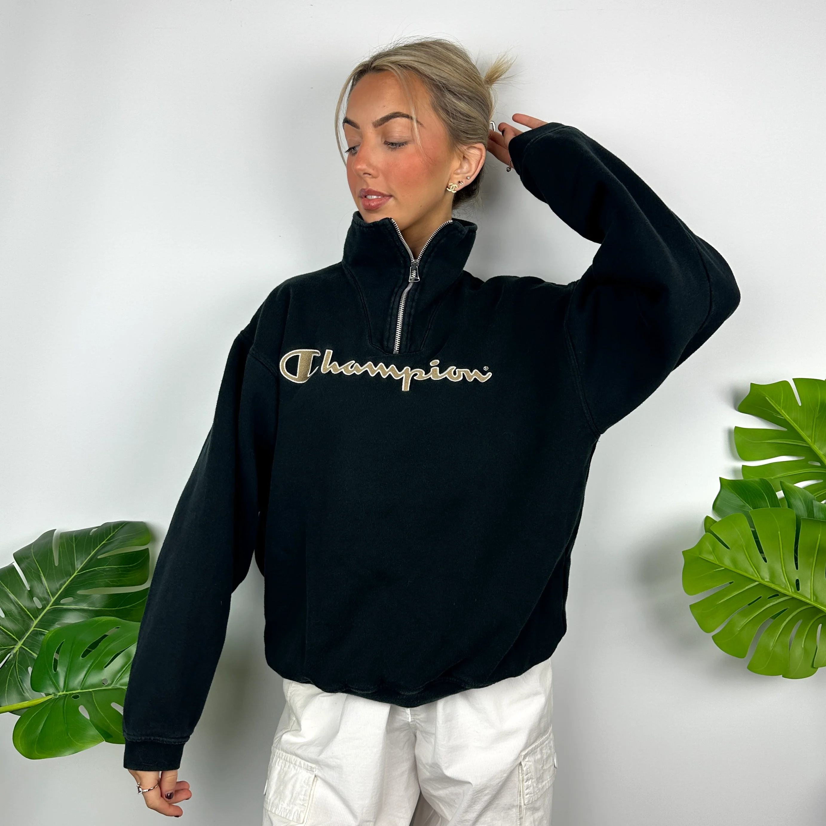 Champion Black Embroidered Spell Out Quarter Zip Sweatshirt (L) - Image 4