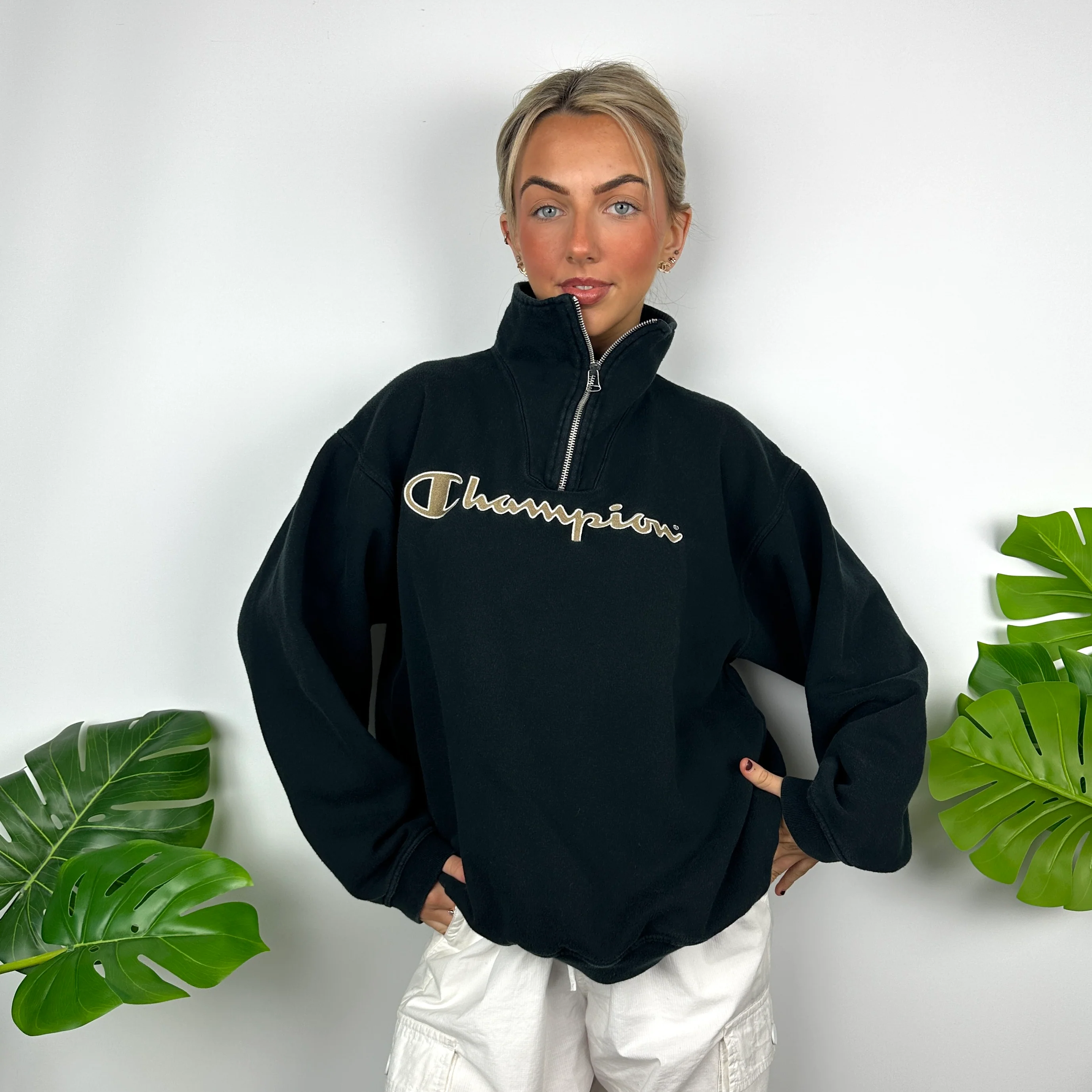 Champion Black Embroidered Spell Out Quarter Zip Sweatshirt (L) - Image 6
