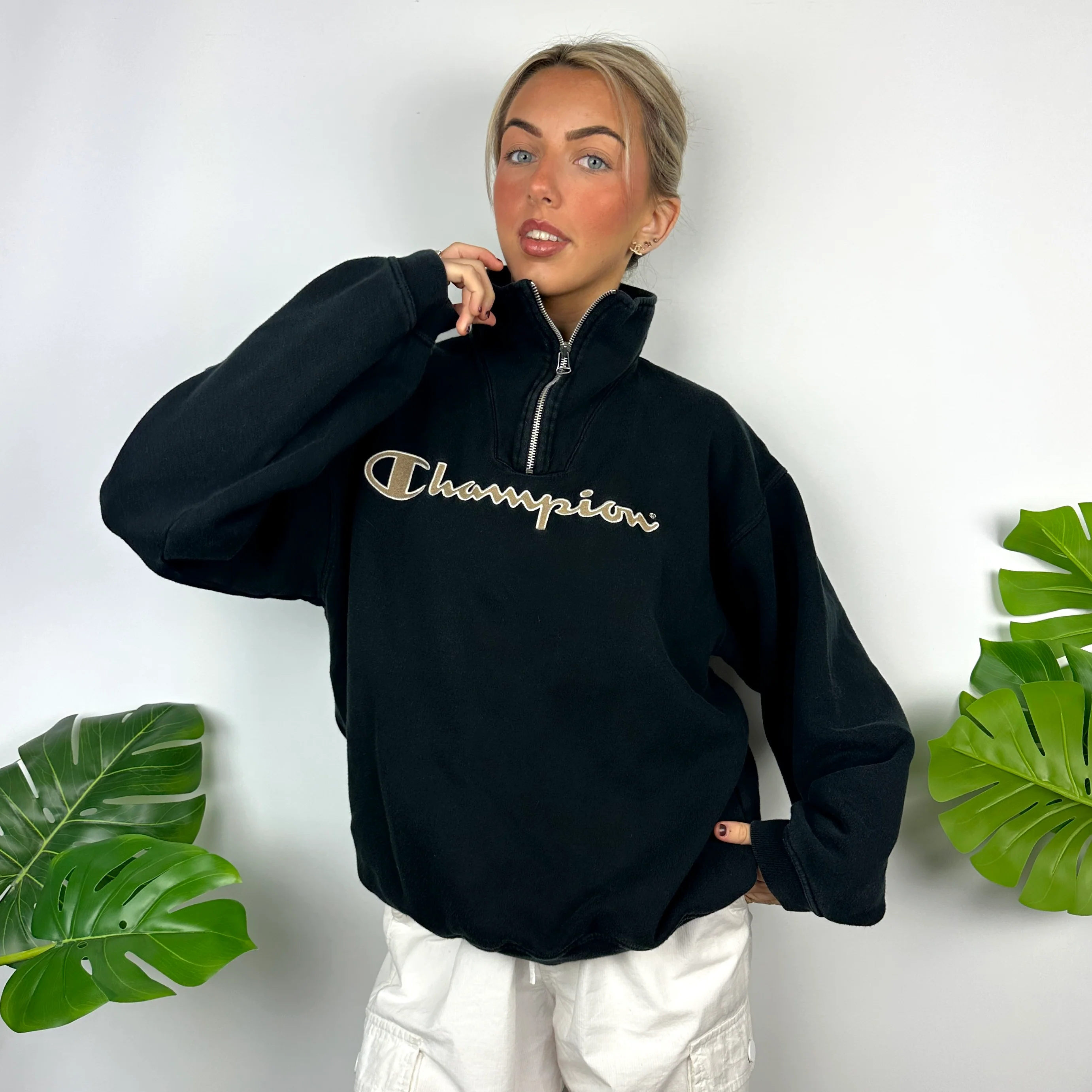 Champion Black Embroidered Spell Out Quarter Zip Sweatshirt (L) - Image 7