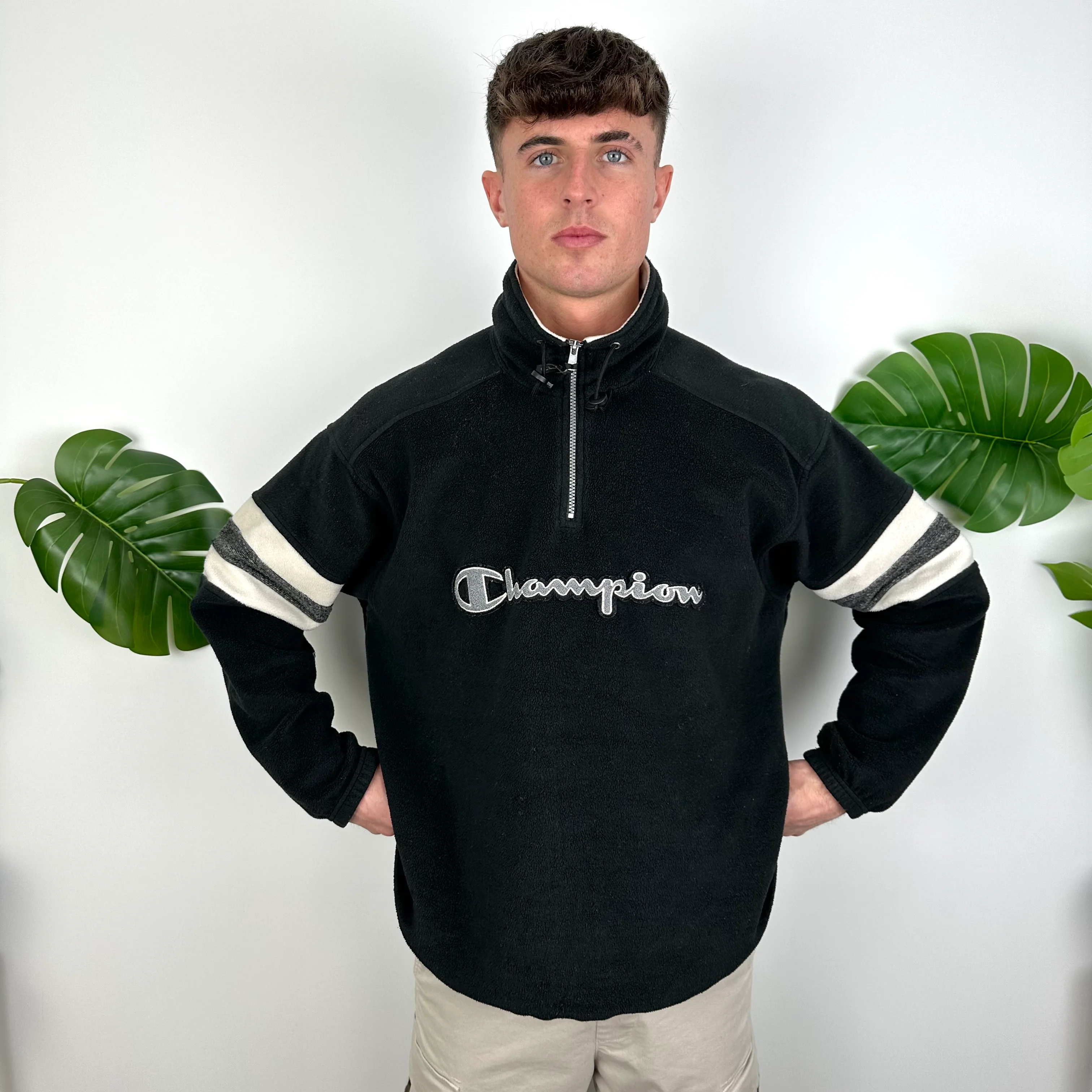 Champion Black Embroidered Spell Out Teddy Bear Fleece Quarter Zip Sweatshirt (M) - Image 4