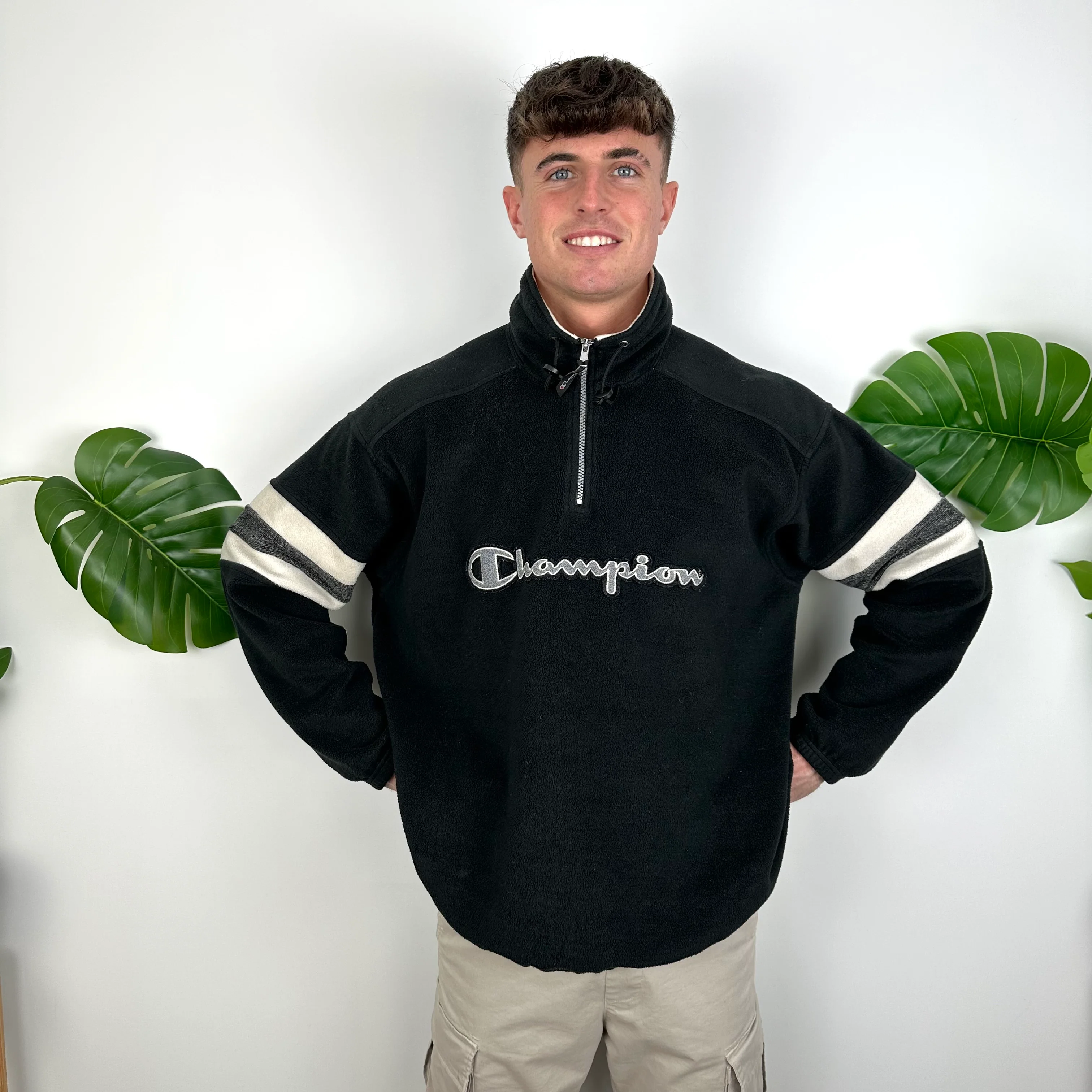 Champion Black Embroidered Spell Out Teddy Bear Fleece Quarter Zip Sweatshirt (M) - Image 5