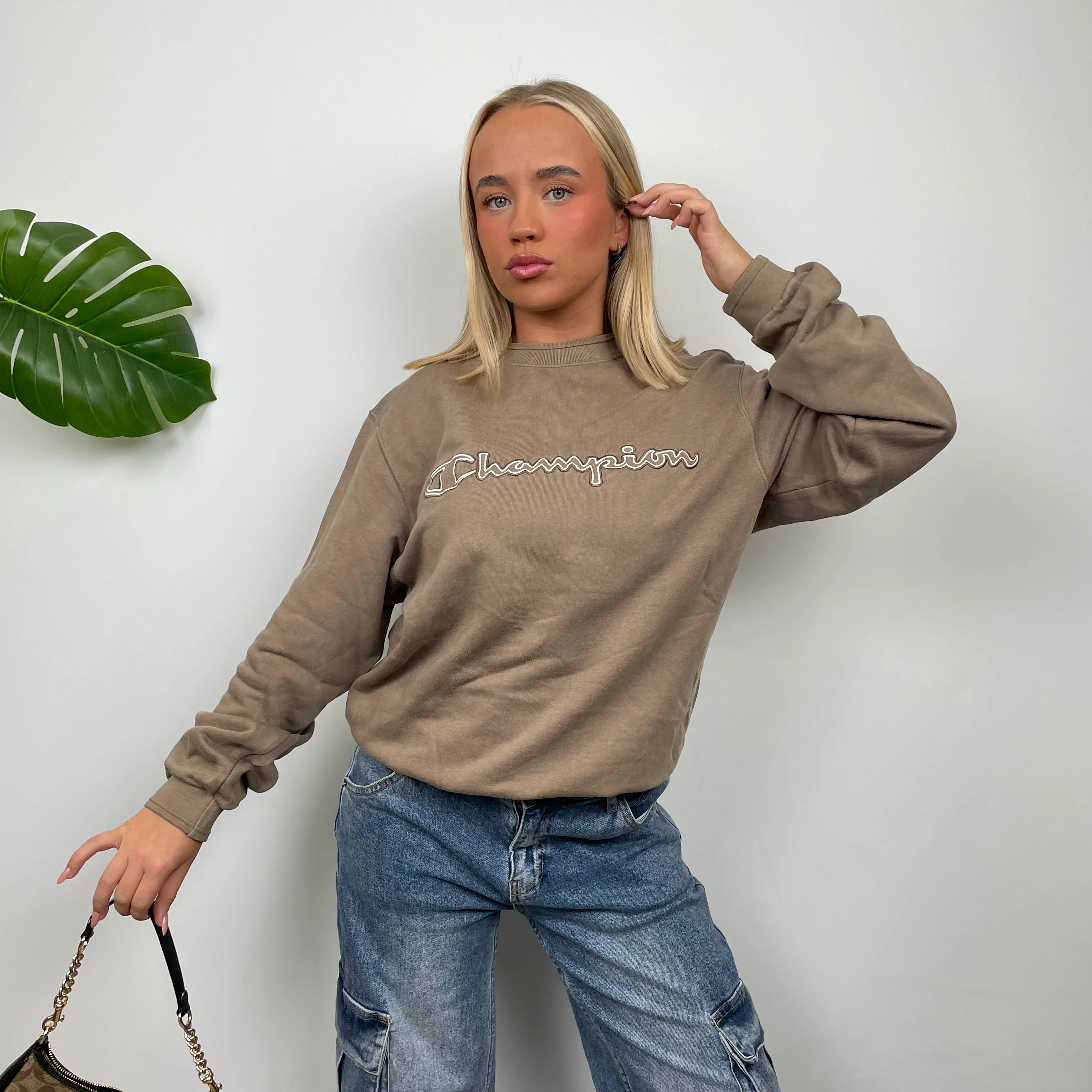 Champion Brown Embroidered Spell Out Sweatshirt (M) - Image 2