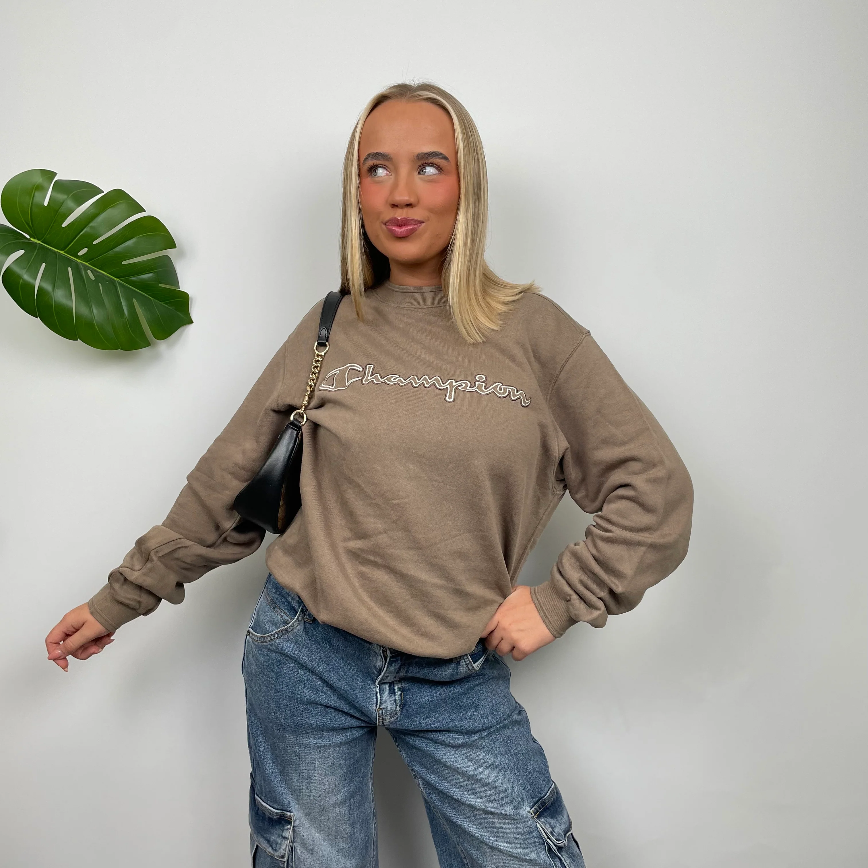 Champion Brown Embroidered Spell Out Sweatshirt (M) - Image 4