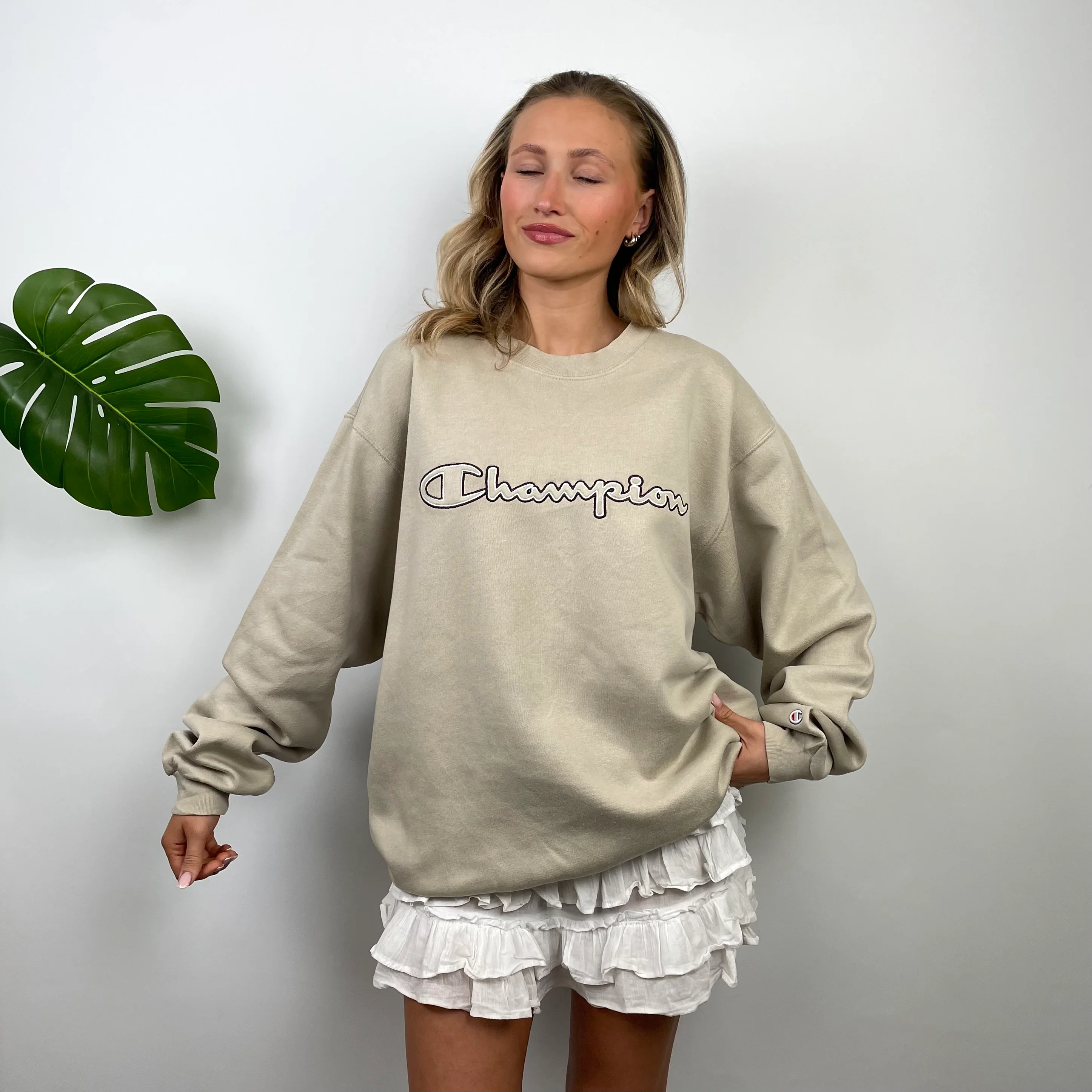 Champion RARE Tan Embroidered Spell Out Sweatshirt