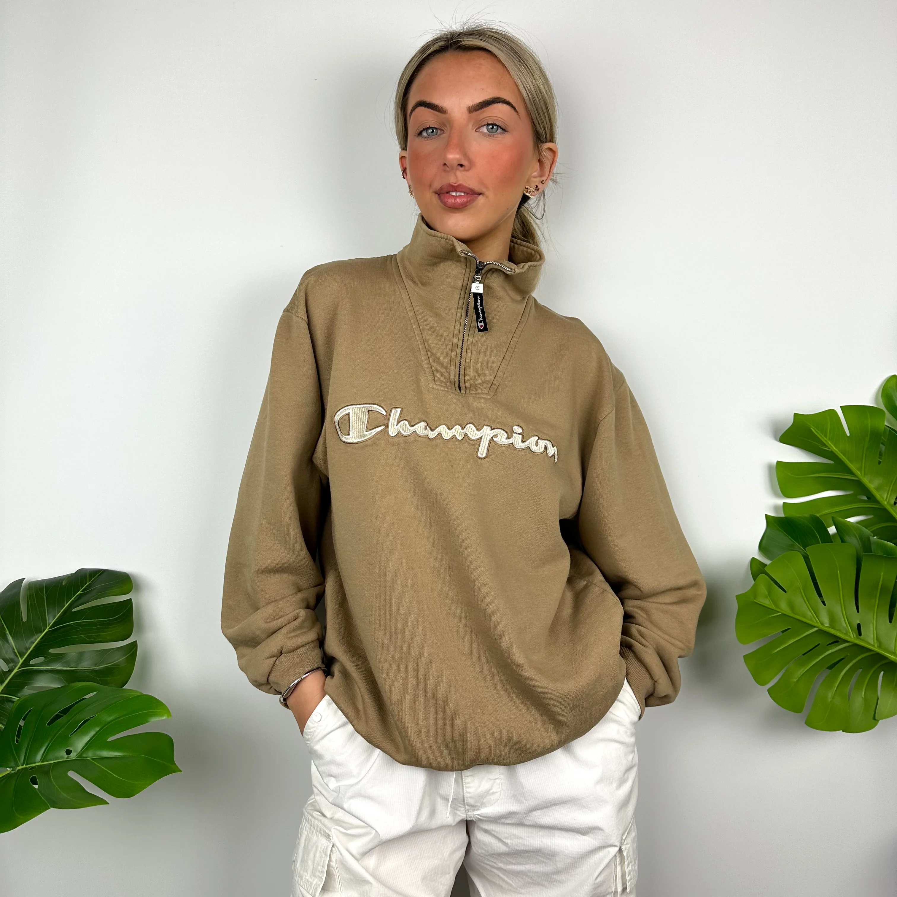 Champion Tan Embroidered Spell Out Quarter Zip Sweatshirt (M) - Image 3