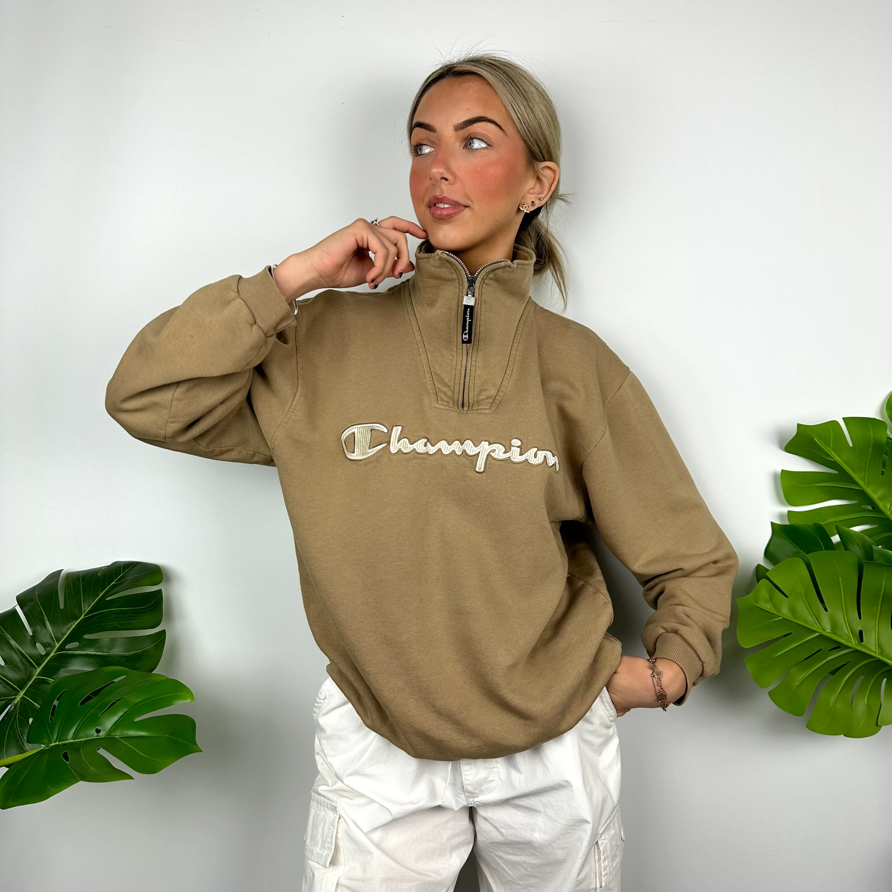 Champion Tan Embroidered Spell Out Quarter Zip Sweatshirt (M) - Image 5