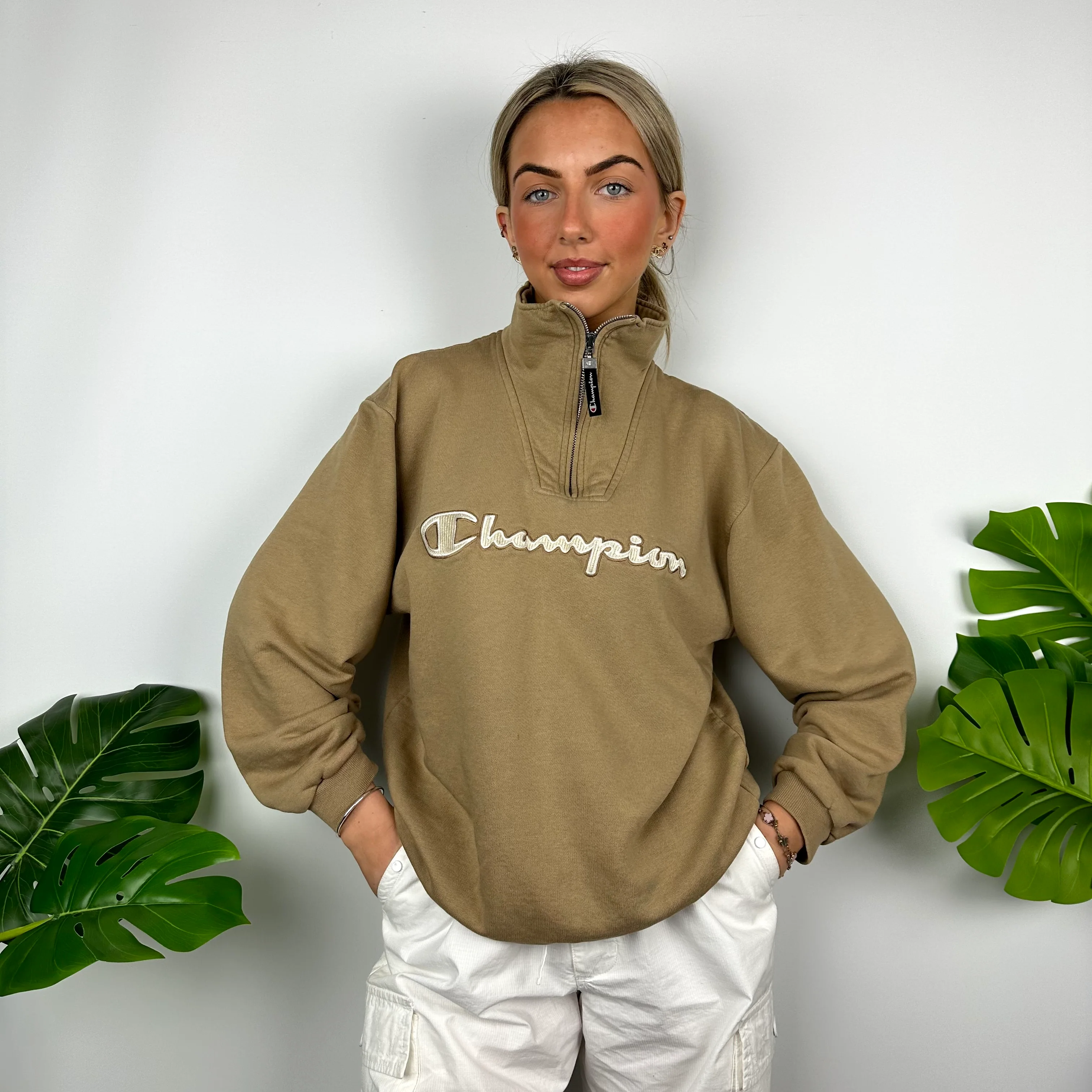 Champion Tan Embroidered Spell Out Quarter Zip Sweatshirt (M) - Image 6