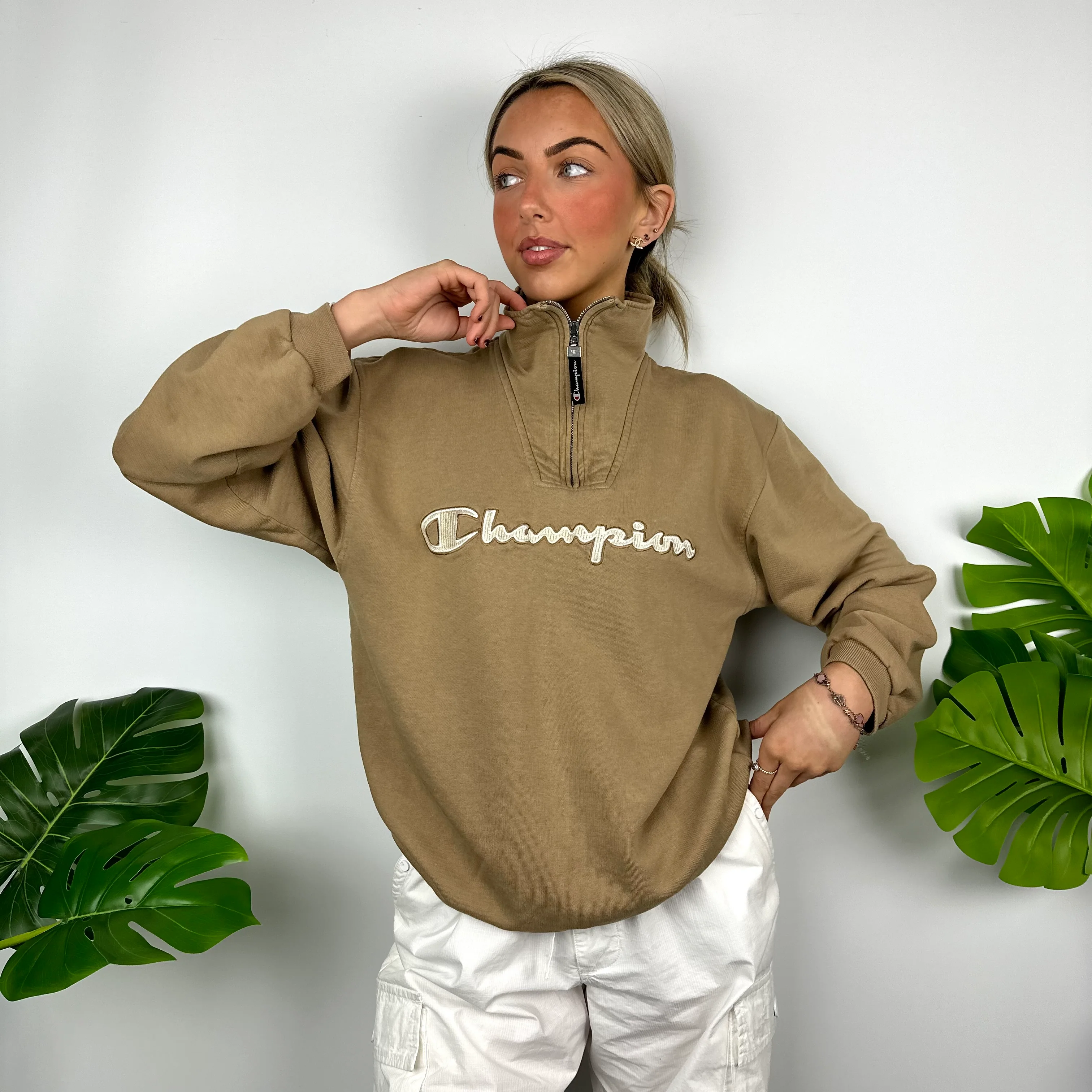 Champion Tan Embroidered Spell Out Quarter Zip Sweatshirt (M) - Image 7