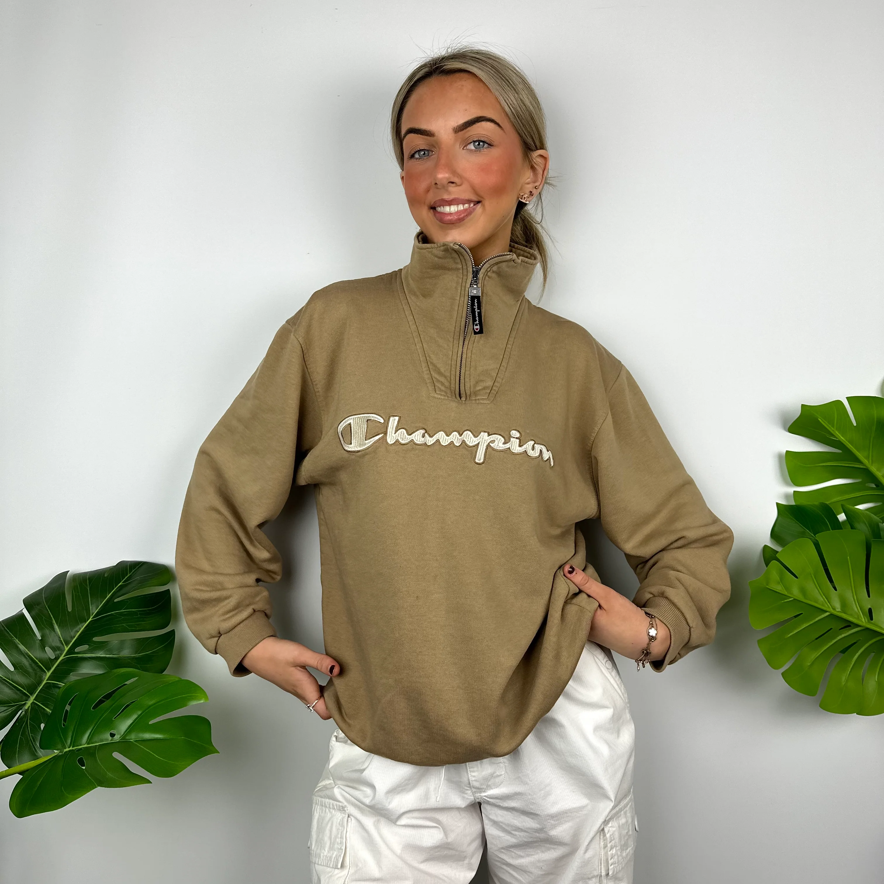 Champion Tan Embroidered Spell Out Quarter Zip Sweatshirt (M) - Image 8