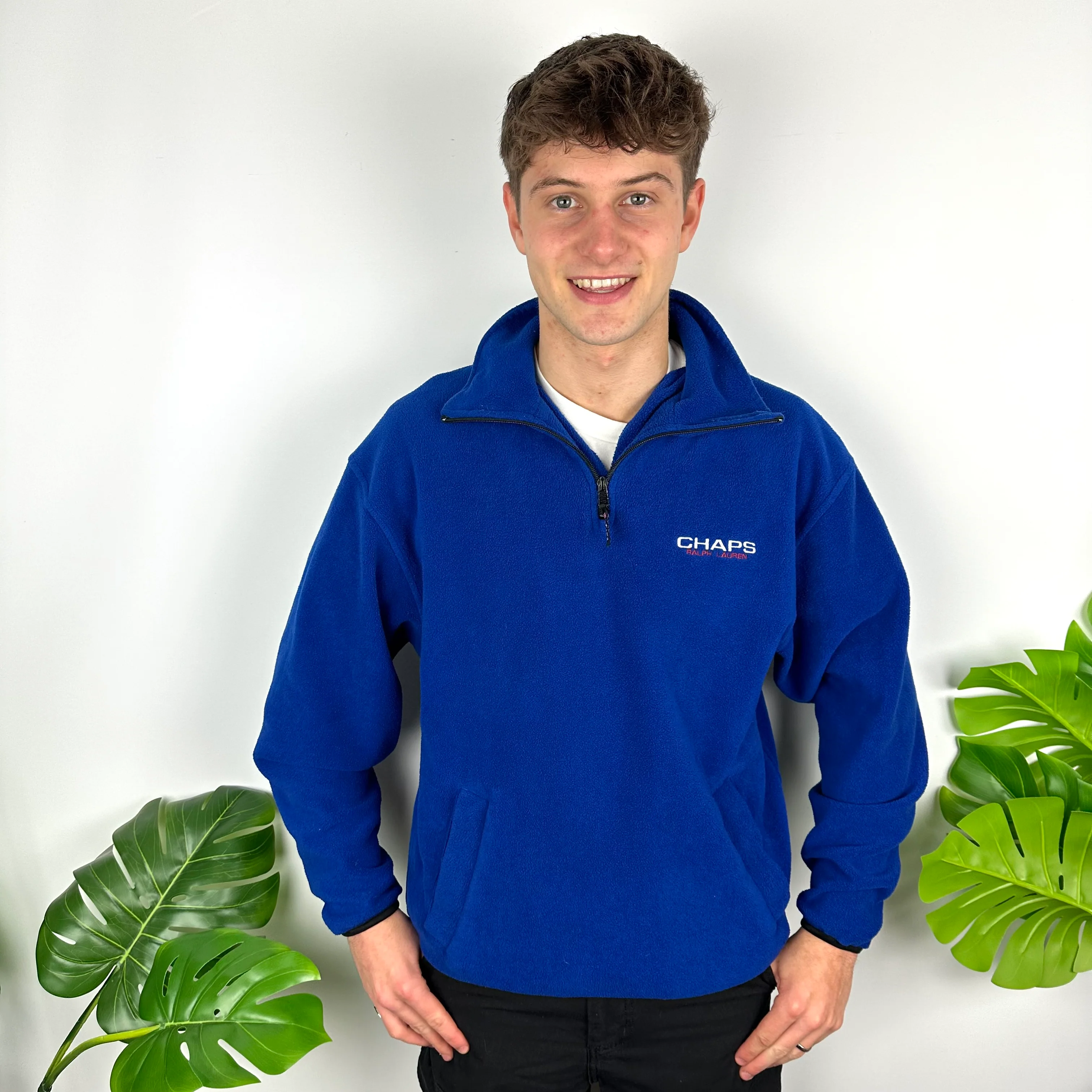 Chaps Ralph Lauren Blue Embroidered Spell Out Teddy Bear Fleece Quarter Zip Sweatshirt (M) - Image 2