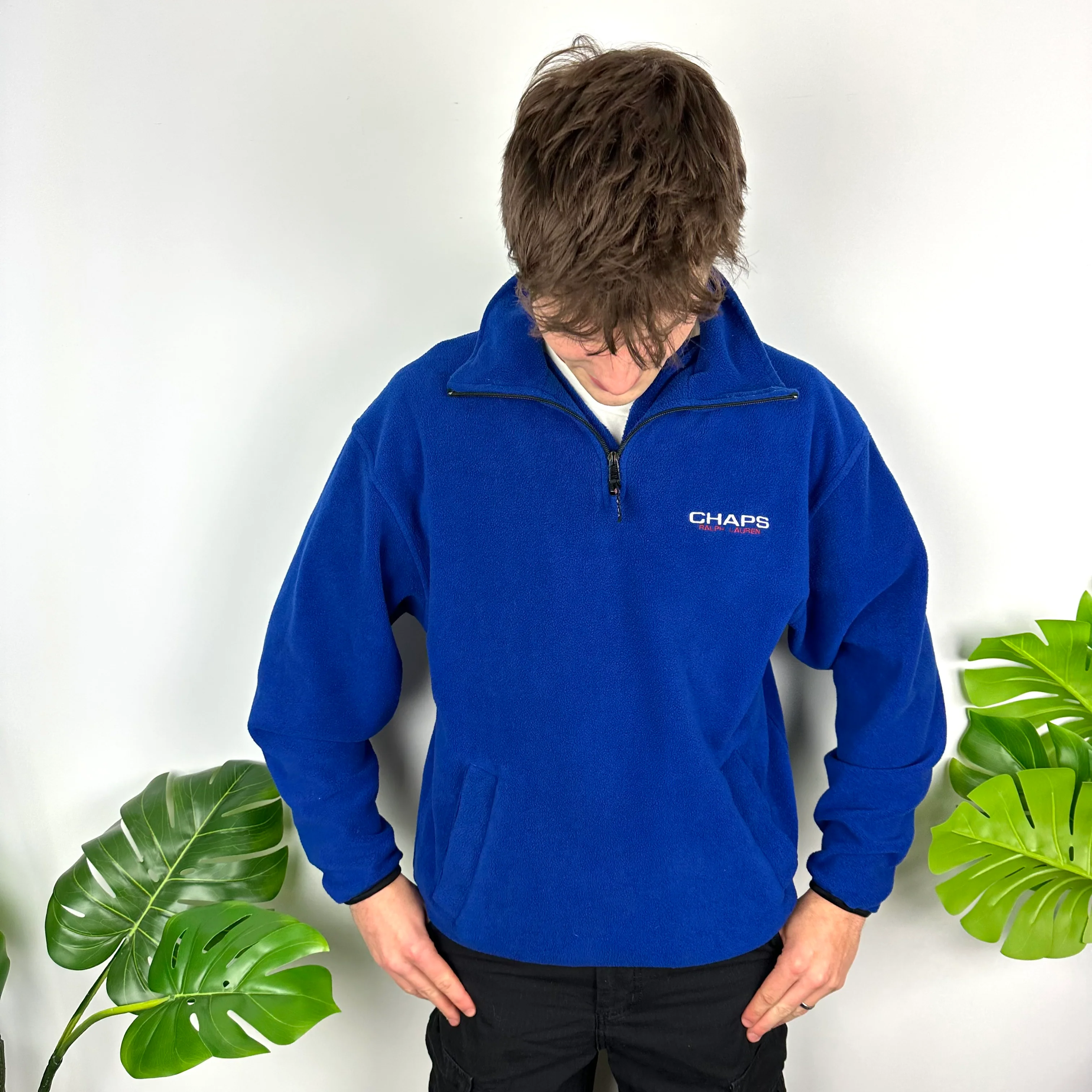 Chaps Ralph Lauren Blue Embroidered Spell Out Teddy Bear Fleece Quarter Zip Sweatshirt (M) - Image 3