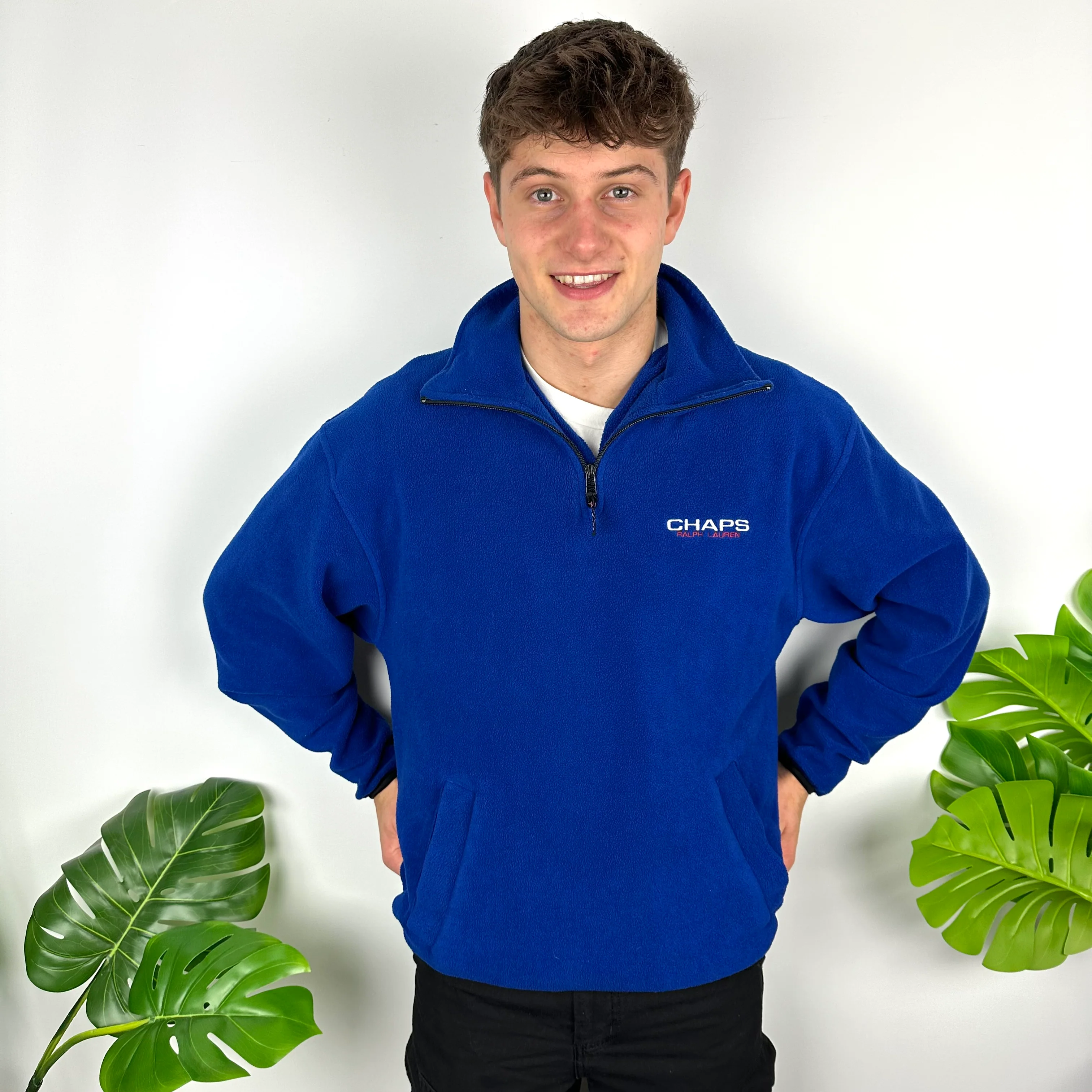 Chaps Ralph Lauren Blue Embroidered Spell Out Teddy Bear Fleece Quarter Zip Sweatshirt (M) - Image 5