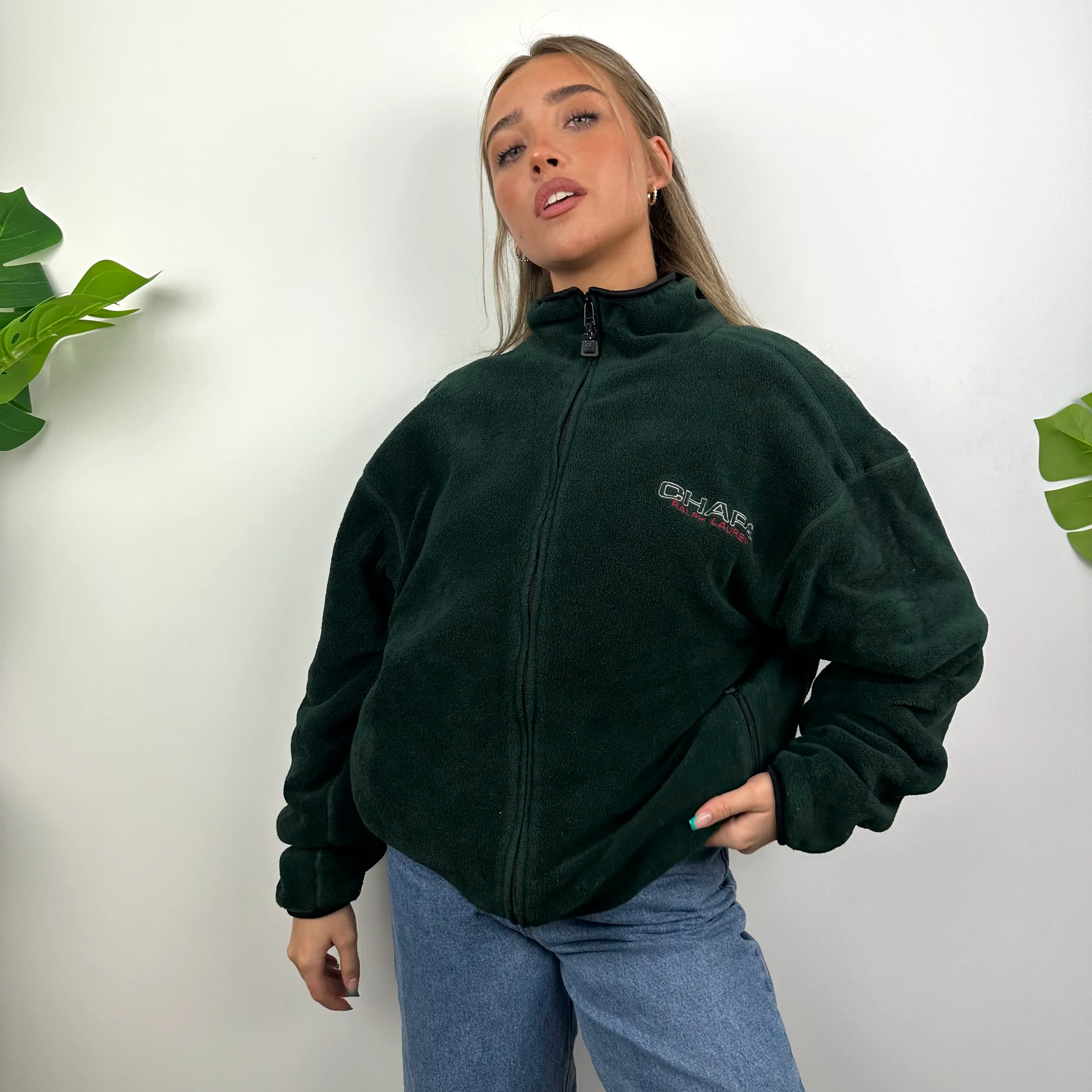 Chaps Ralph Lauren Green Embroidered Spell Out Teddy Bear Fleece Jacket (L) - Image 2