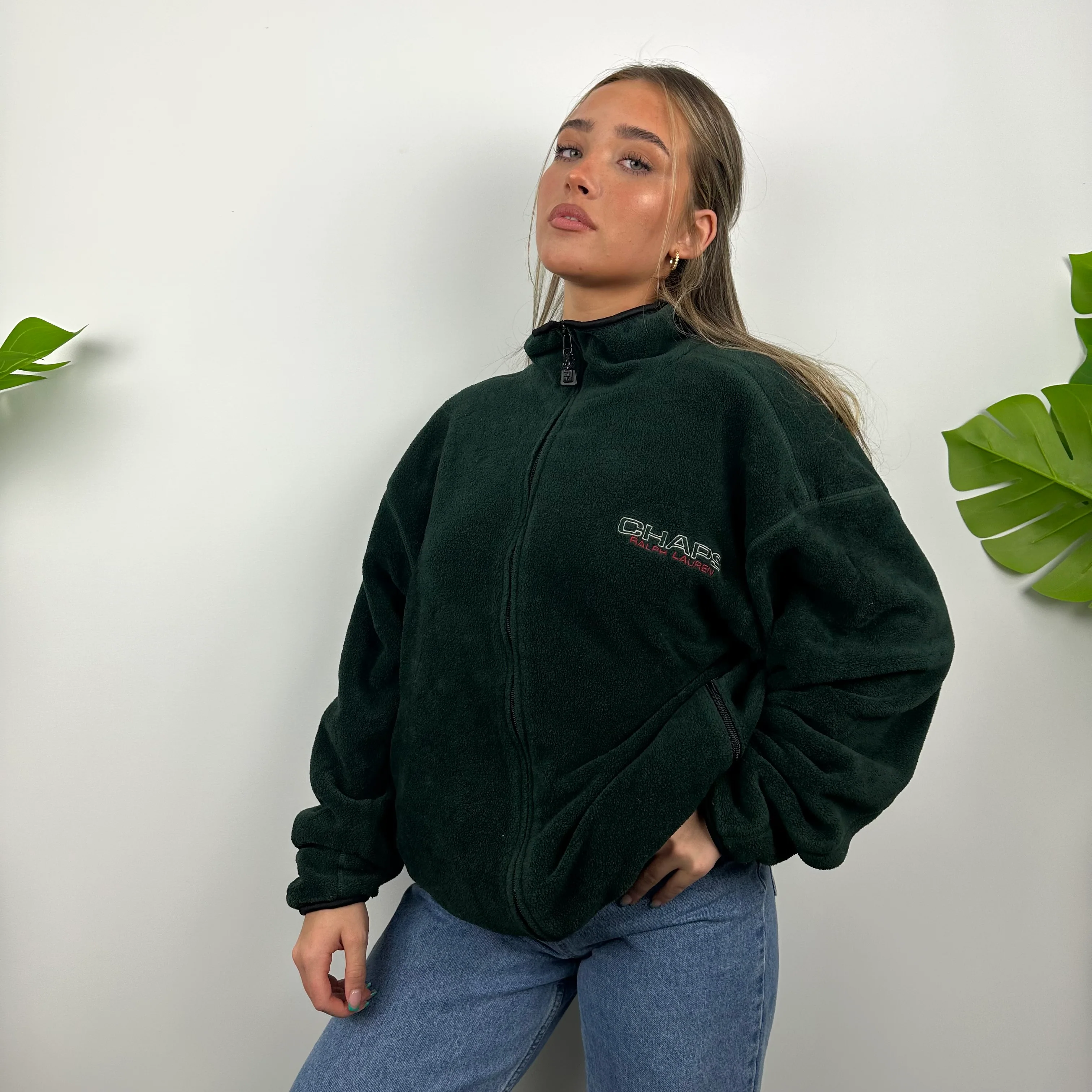 Chaps Ralph Lauren Green Embroidered Spell Out Teddy Bear Fleece Jacket (L) - Image 3