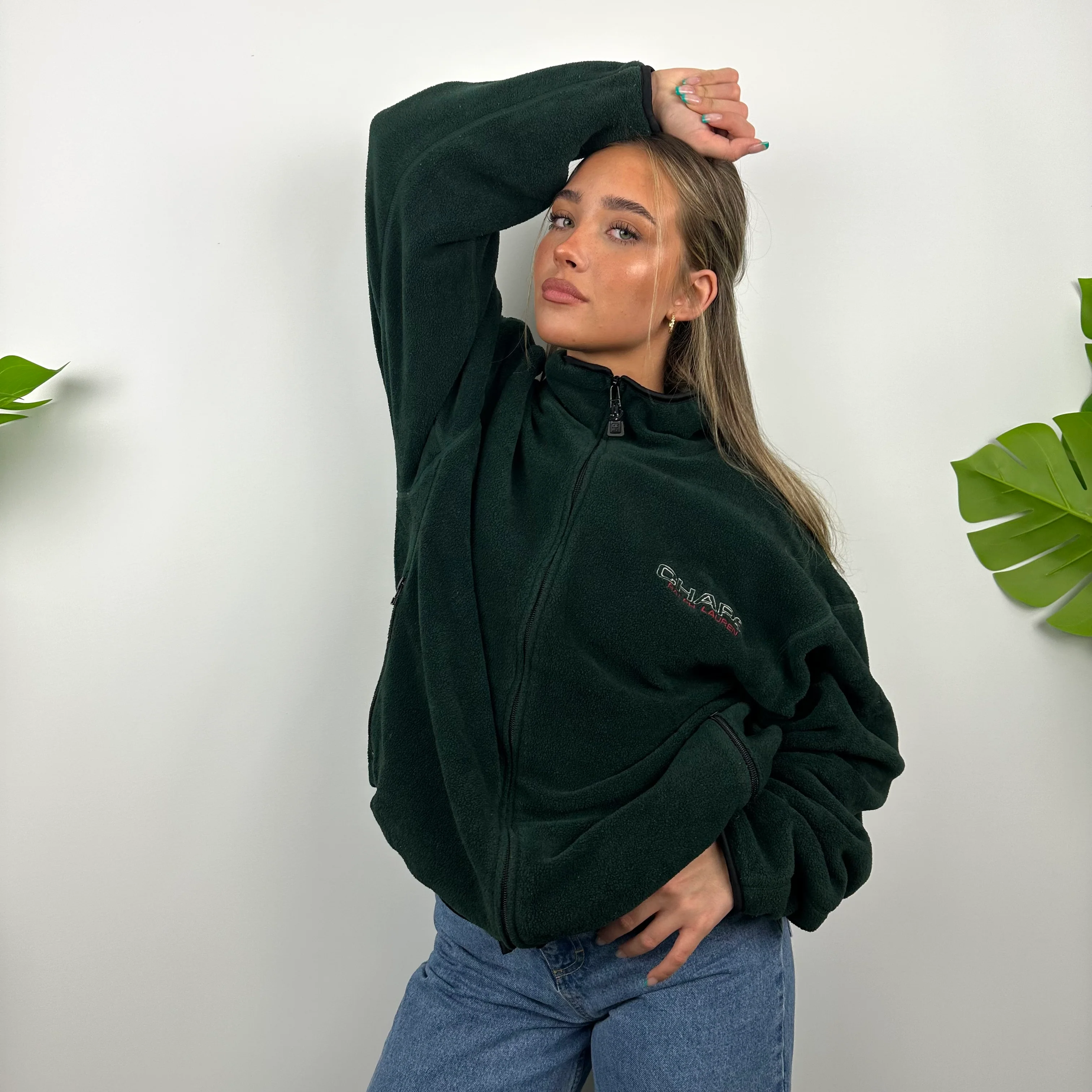 Chaps Ralph Lauren Green Embroidered Spell Out Teddy Bear Fleece Jacket (L) - Image 4