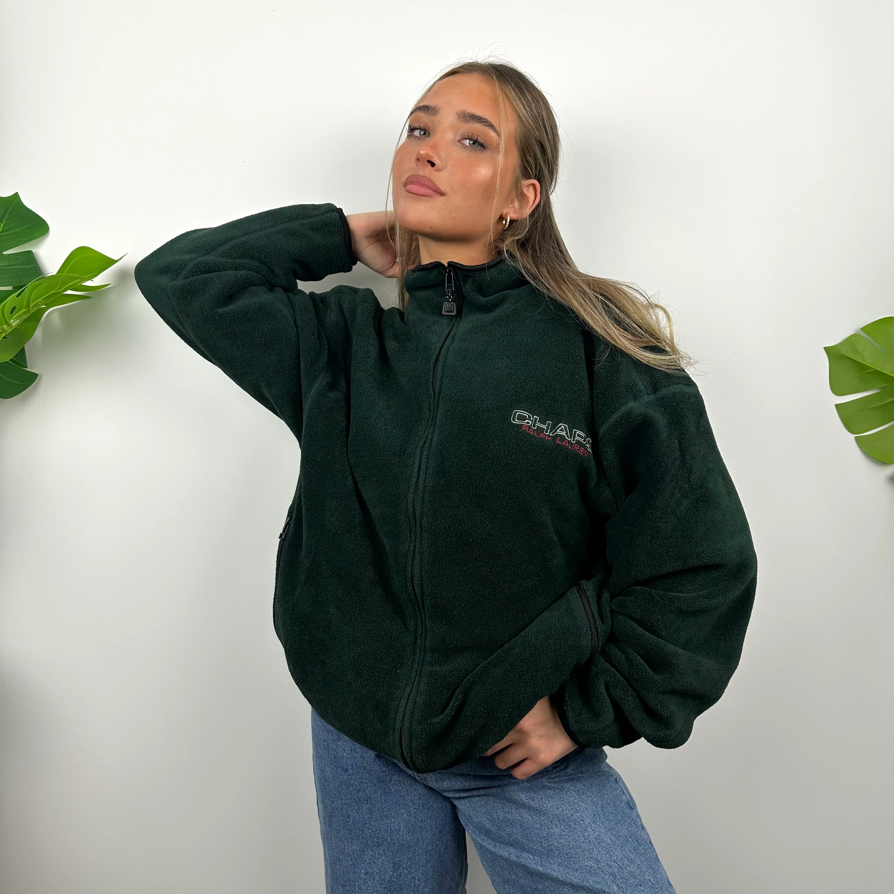 Chaps Ralph Lauren Green Embroidered Spell Out Teddy Bear Fleece Jacket (L) - Image 5