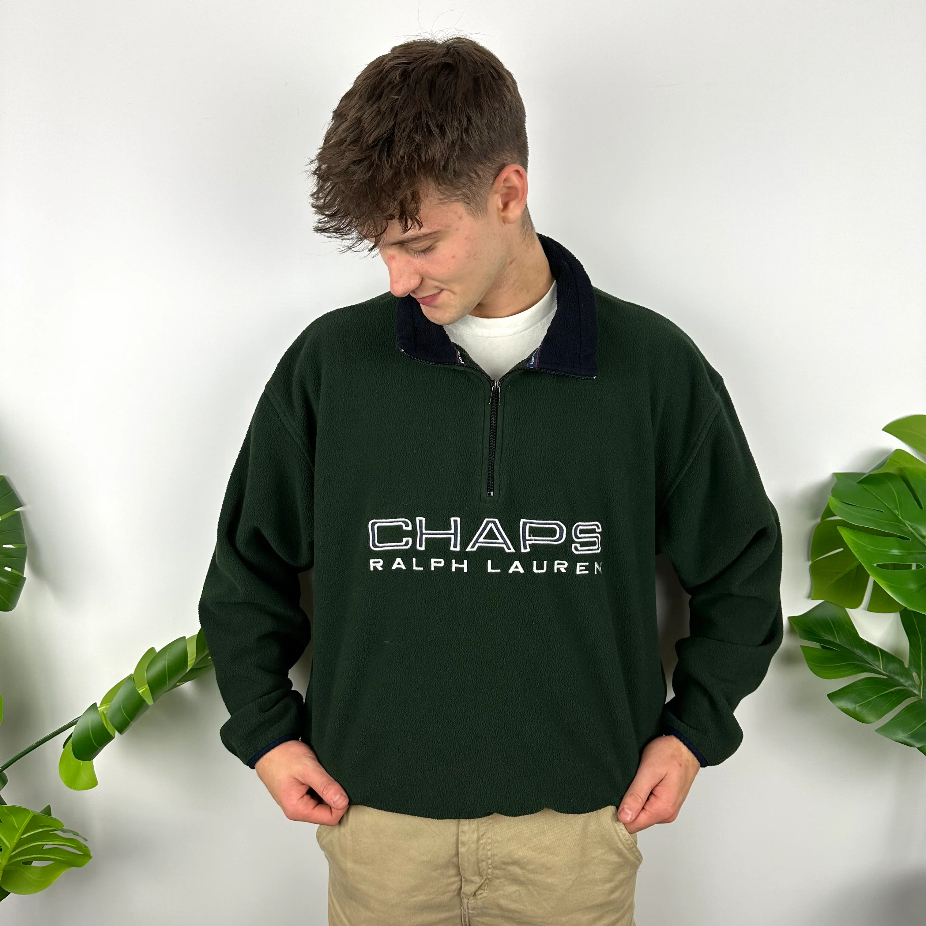 Chaps Ralph Lauren Green Embroidered Spell Out Teddy Bear Fleece Quarter Zip Sweatshirt (M) - Image 3