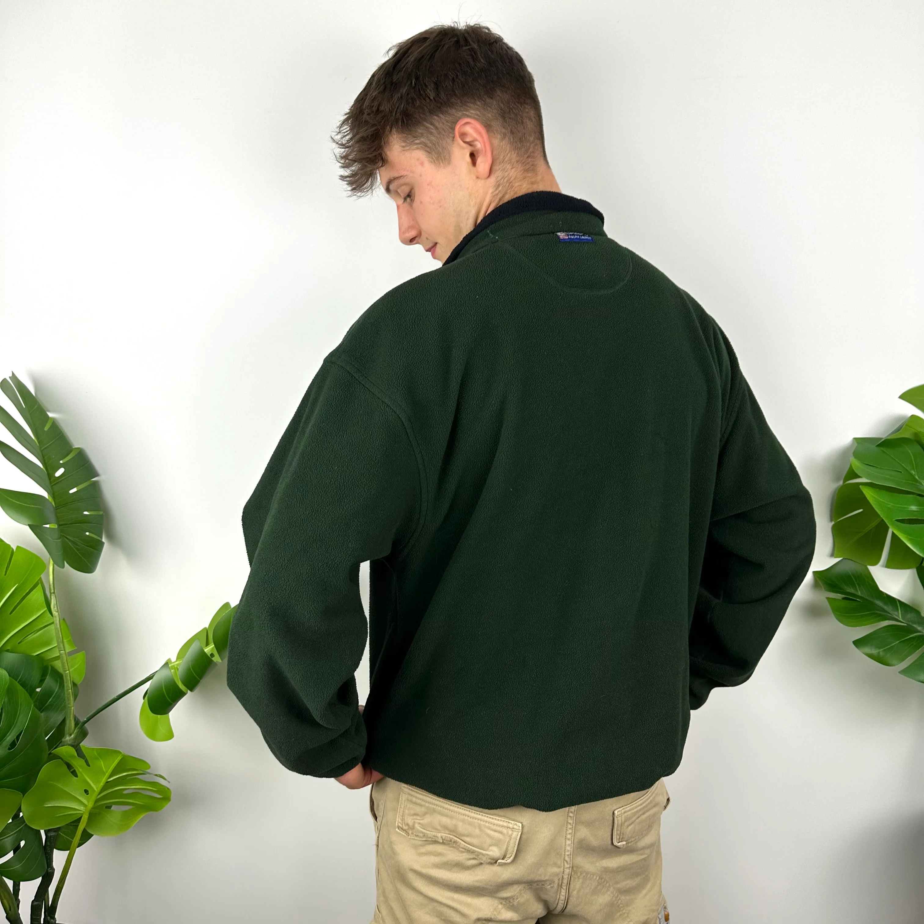 Chaps Ralph Lauren Green Embroidered Spell Out Teddy Bear Fleece Quarter Zip Sweatshirt (M) - Image 4