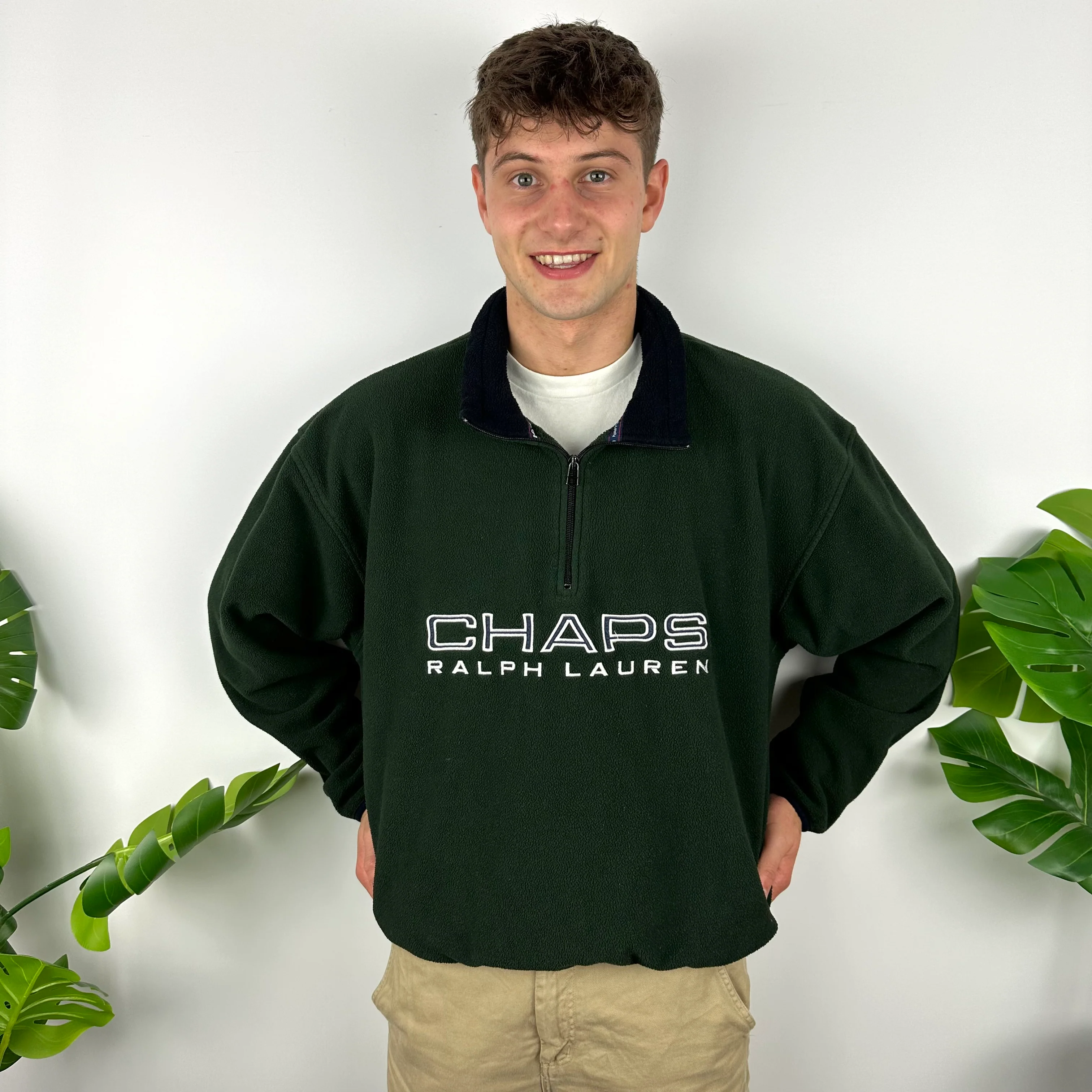 Chaps Ralph Lauren Green Embroidered Spell Out Teddy Bear Fleece Quarter Zip Sweatshirt (M) - Image 5