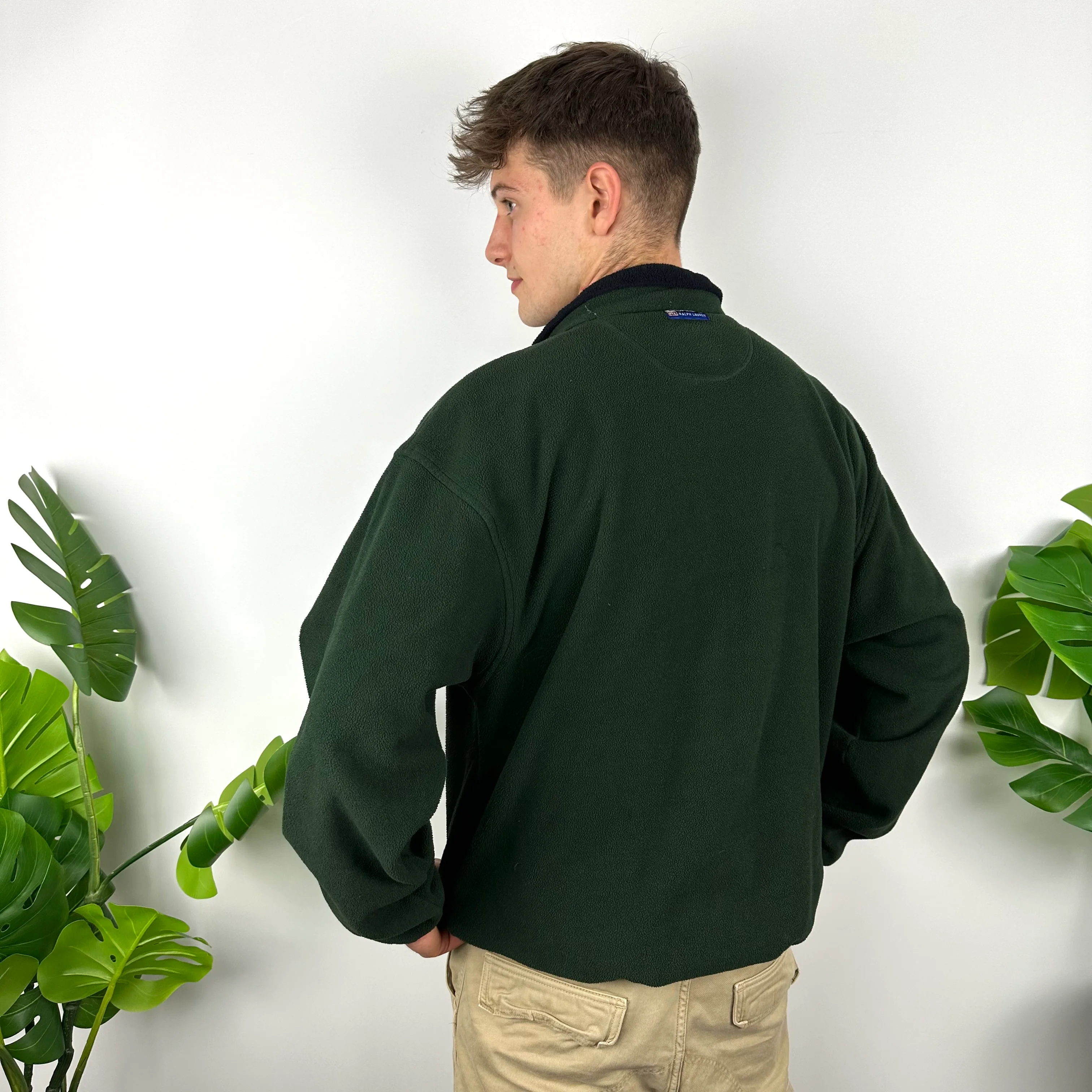 Chaps Ralph Lauren Green Embroidered Spell Out Teddy Bear Fleece Quarter Zip Sweatshirt (M) - Image 7