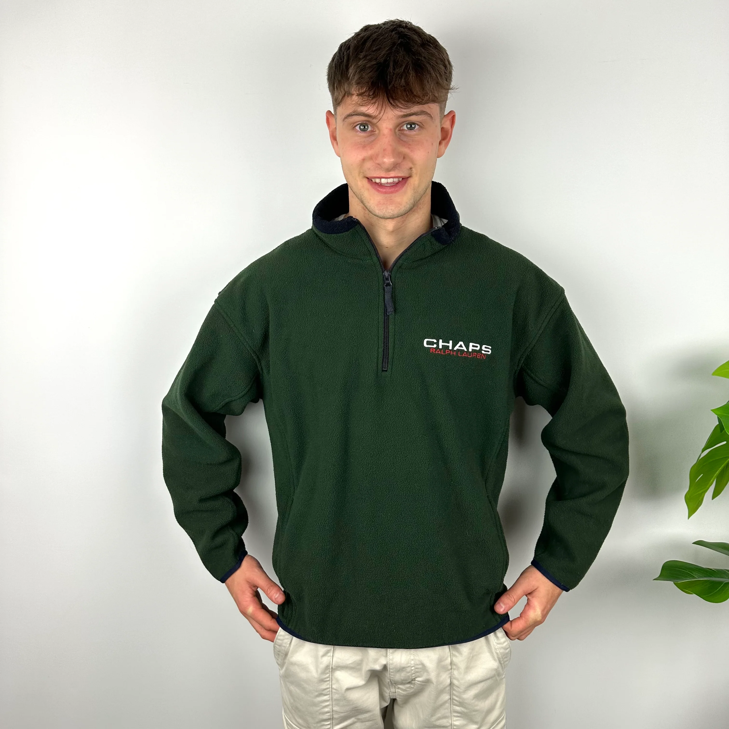 Chaps Ralph Lauren Green Embroidered Spell Out Teddy Bear Fleece Quarter Zip Sweatshirt (L) - Image 3