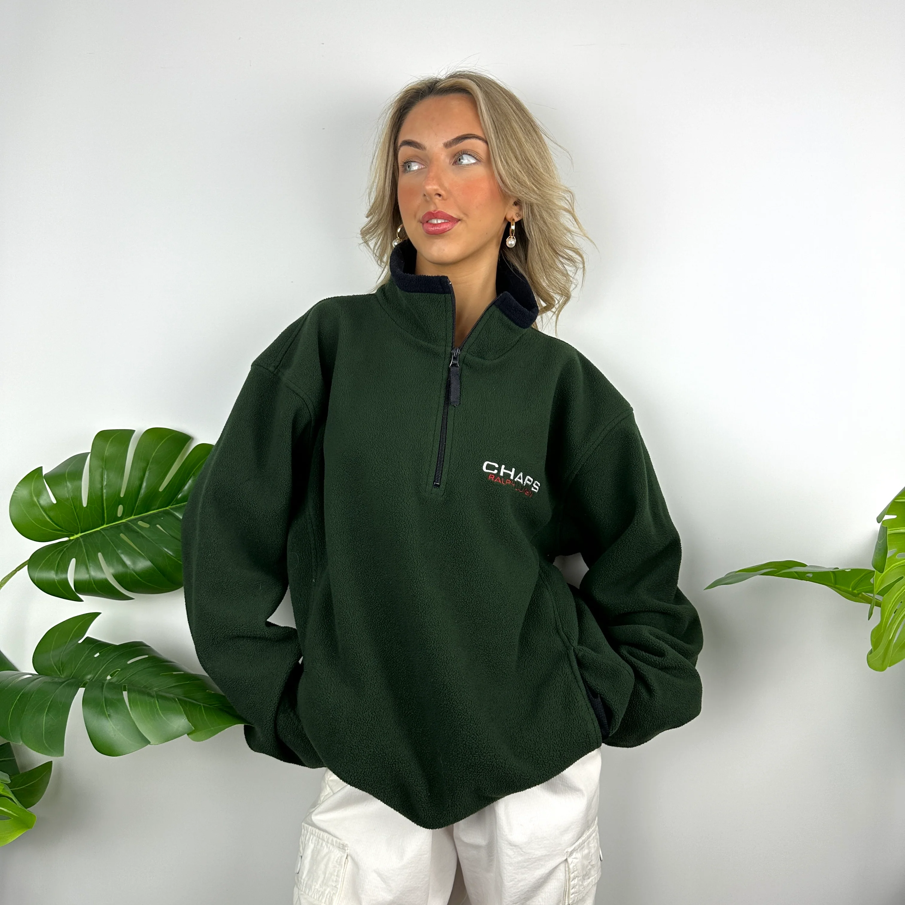 Chaps Ralph Lauren Green Embroidered Spell Out Teddy Bear Fleece Quarter Zip Sweatshirt (L) - Image 3
