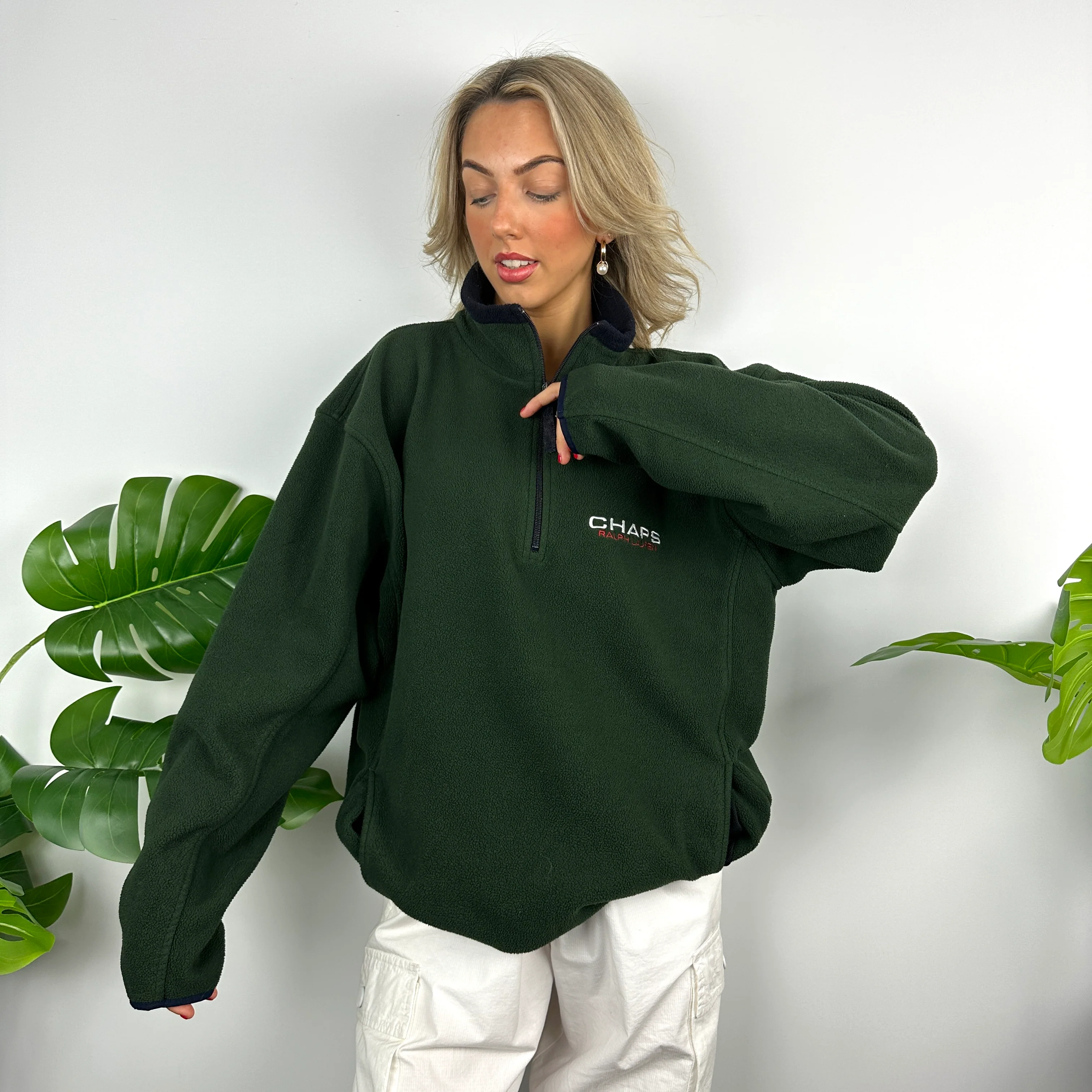 Chaps Ralph Lauren Green Embroidered Spell Out Teddy Bear Fleece Quarter Zip Sweatshirt (L) - Image 4