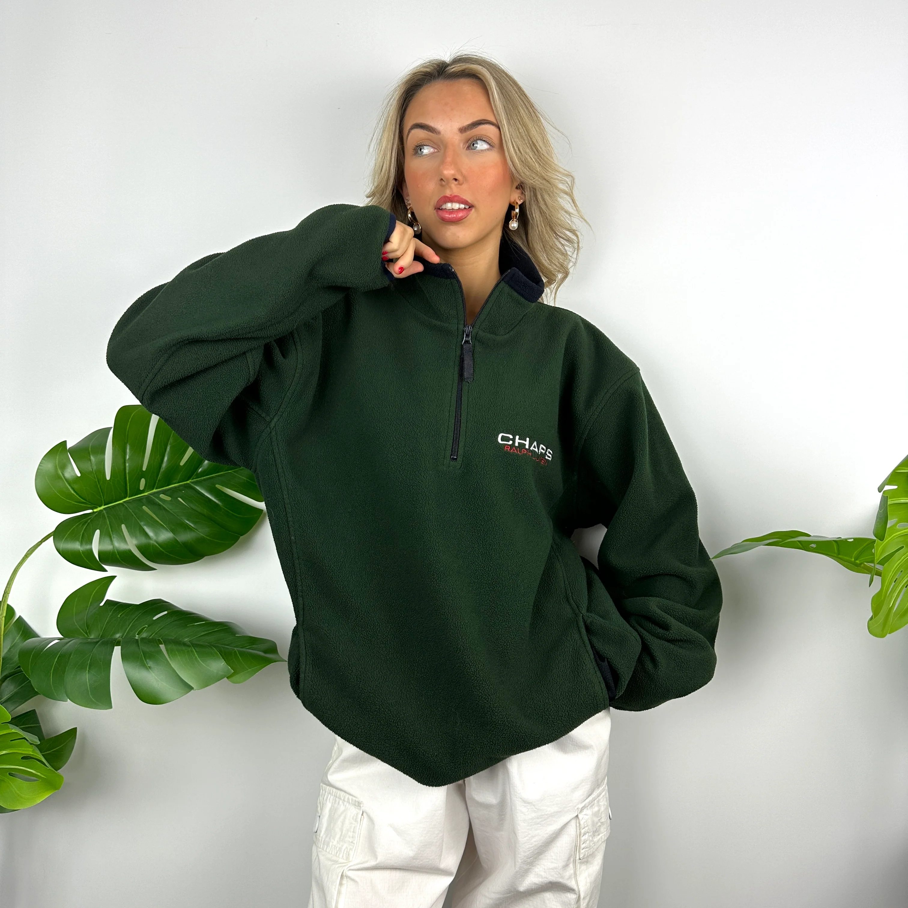 Chaps Ralph Lauren Green Embroidered Spell Out Teddy Bear Fleece Quarter Zip Sweatshirt (L) - Image 6