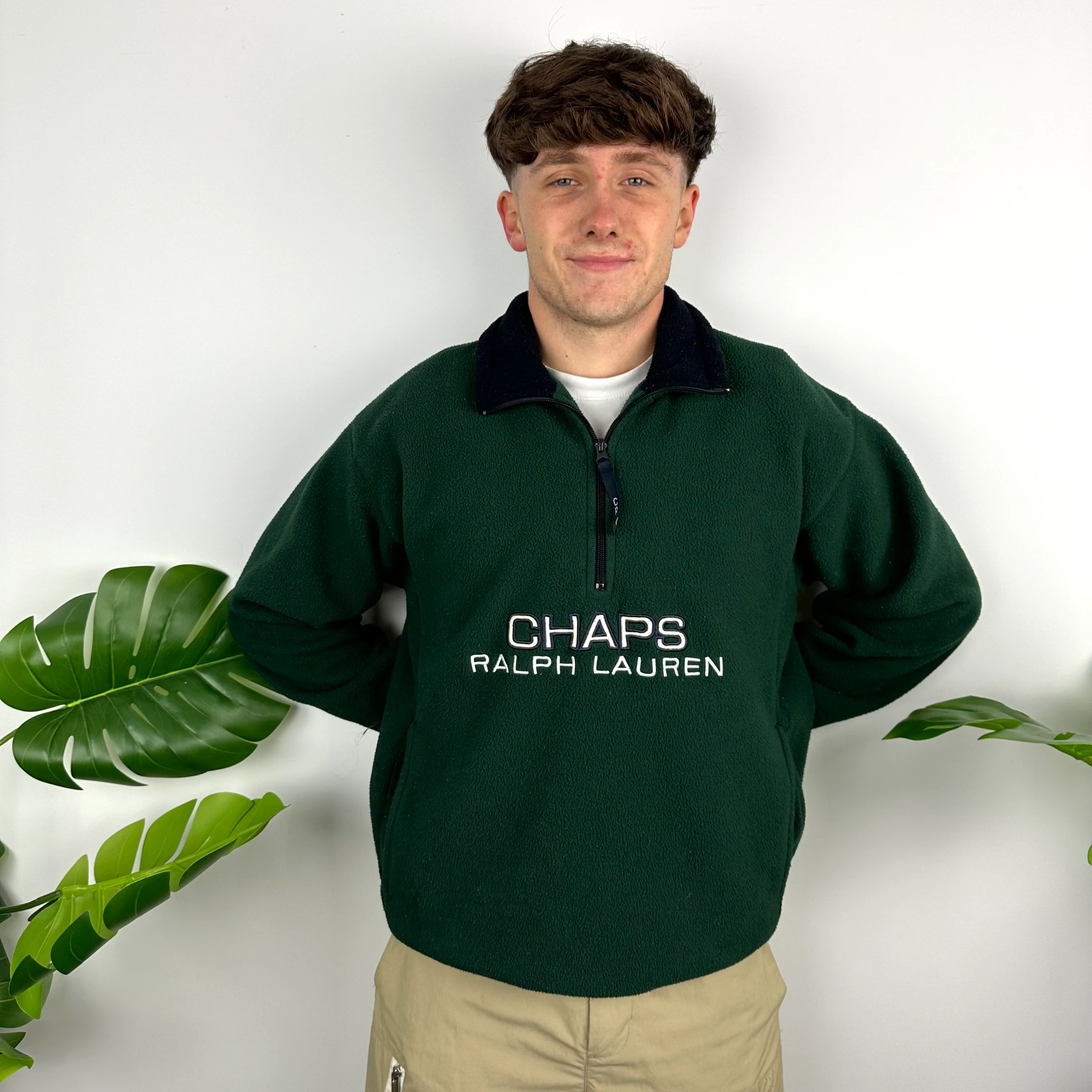 Chaps Ralph Lauren Green Embroidered Spell Out Teddy Bear Fleece Quarter Zip Sweatshirt (M)