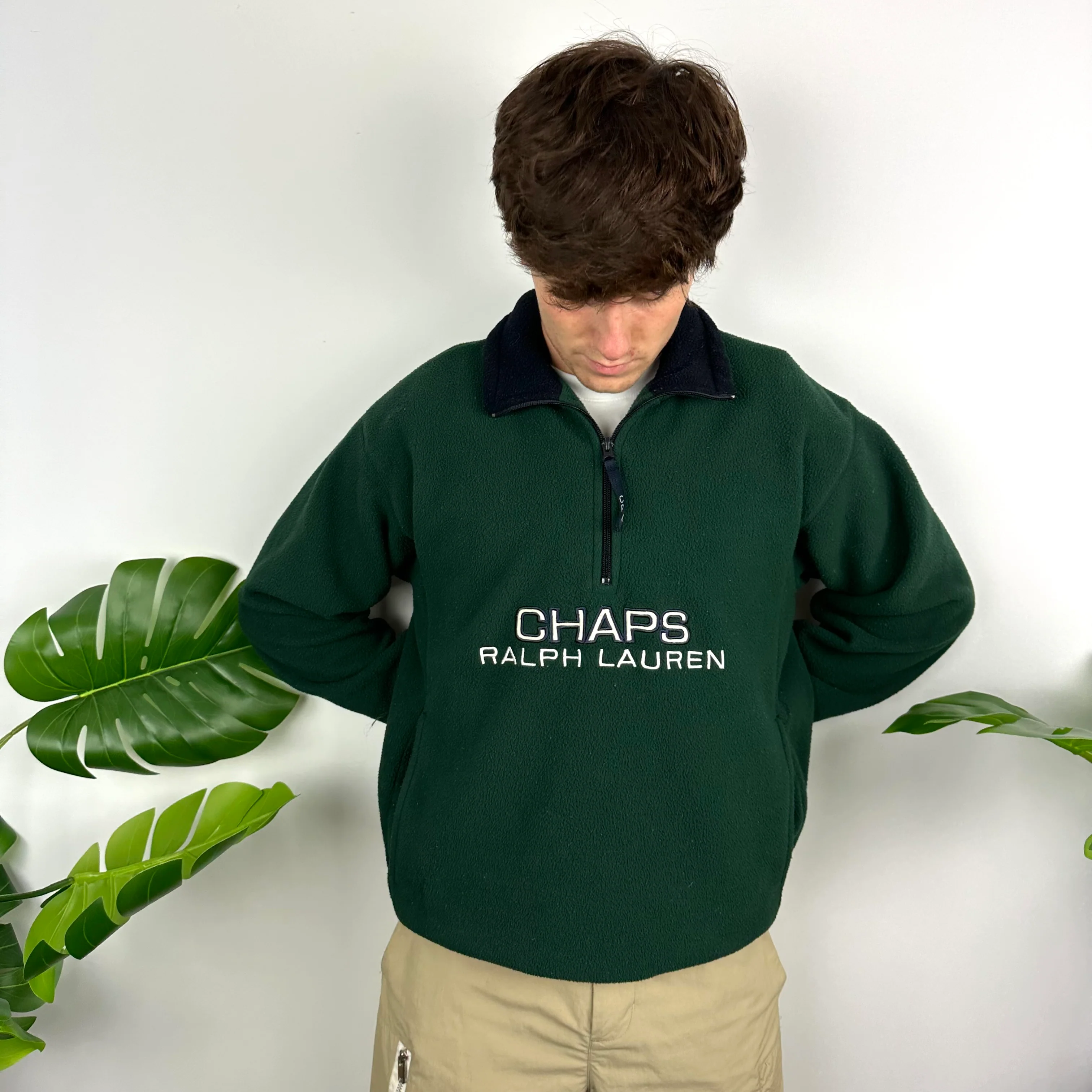 Chaps Ralph Lauren Green Embroidered Spell Out Teddy Bear Fleece Quarter Zip Sweatshirt (M) - Image 3