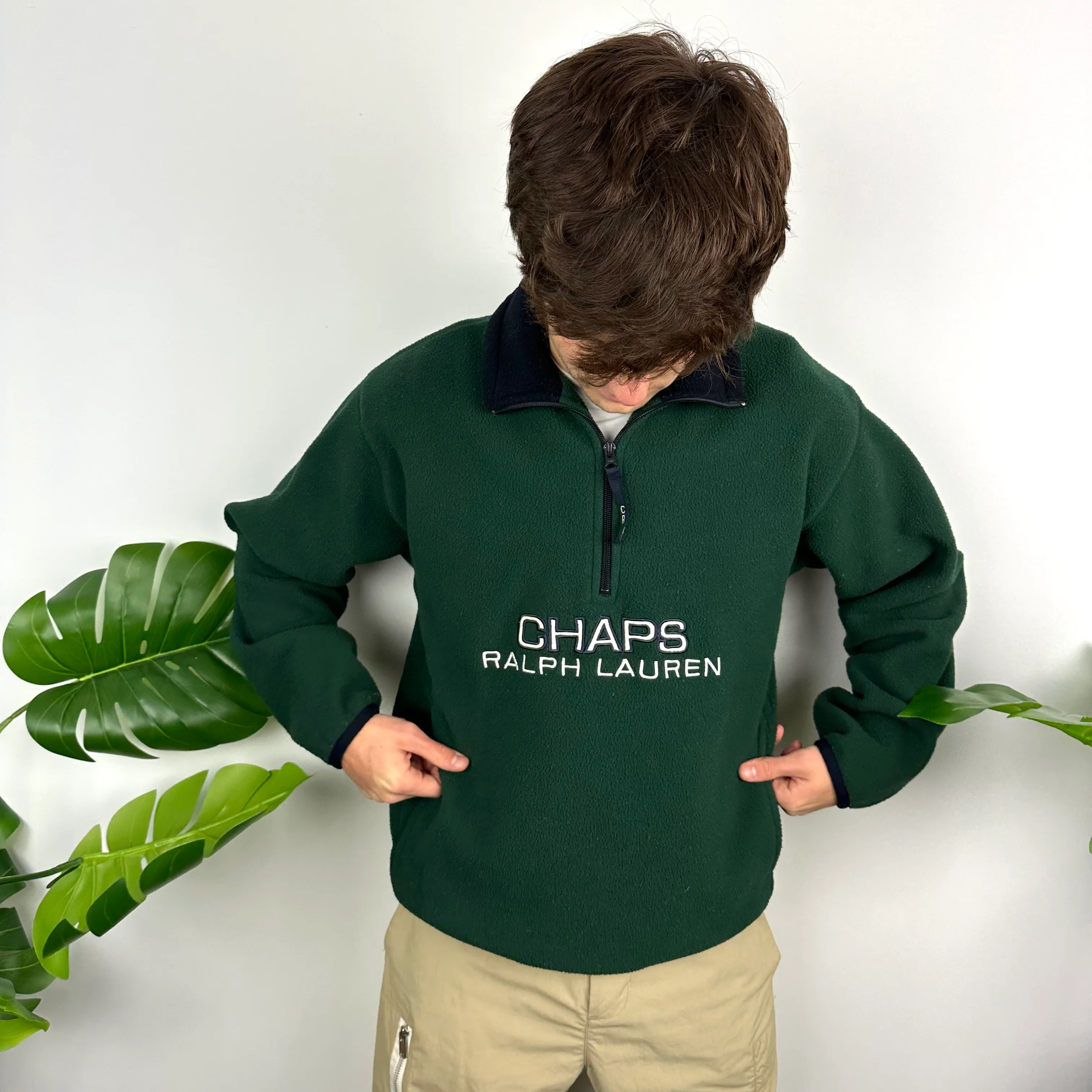 Chaps Ralph Lauren Green Embroidered Spell Out Teddy Bear Fleece Quarter Zip Sweatshirt (M) - Image 4