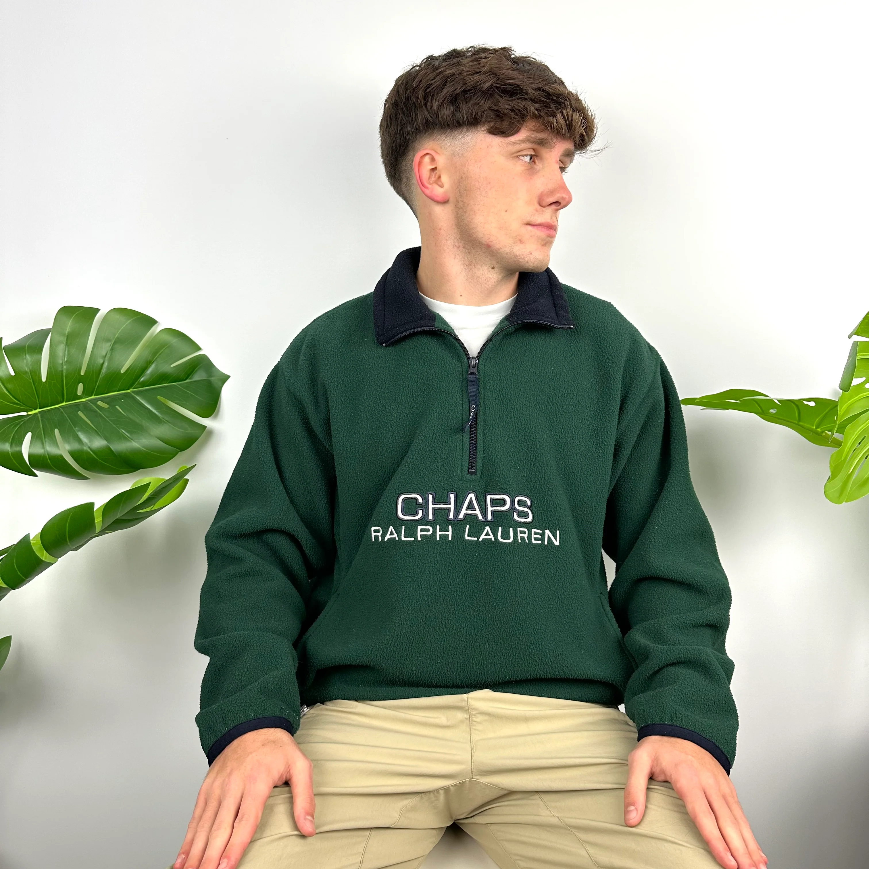 Chaps Ralph Lauren Green Embroidered Spell Out Teddy Bear Fleece Quarter Zip Sweatshirt (M) - Image 5
