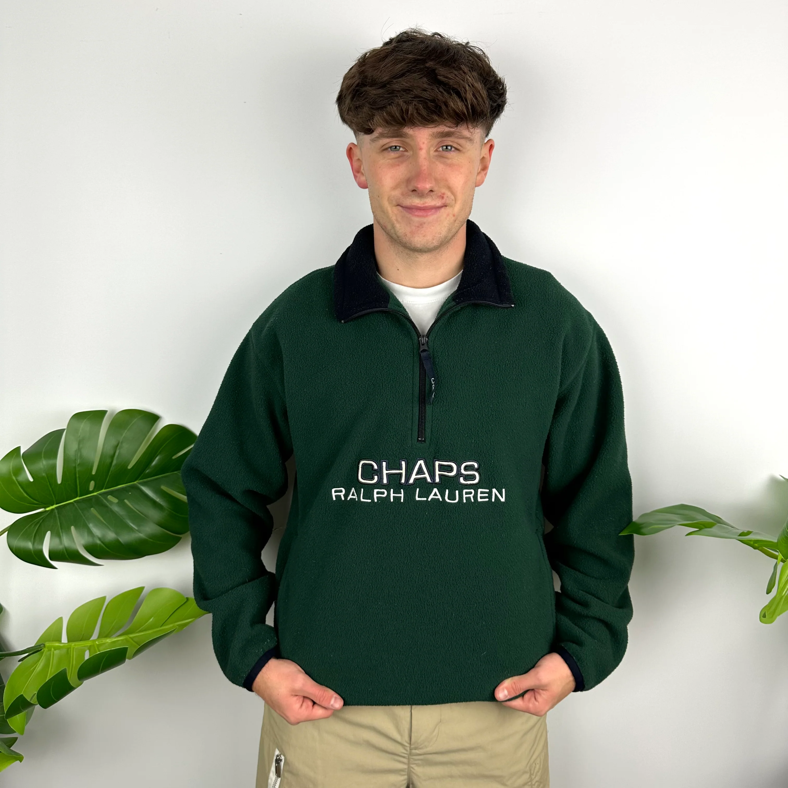 Chaps Ralph Lauren Green Embroidered Spell Out Teddy Bear Fleece Quarter Zip Sweatshirt (M) - Image 7